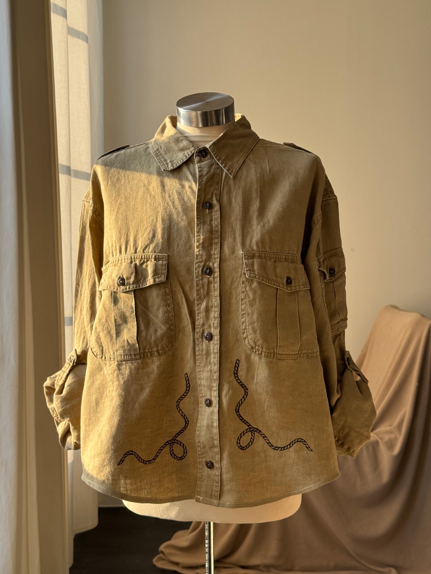 The Lawrence Handcrafted Utility Cropped Linen Button Down Shacket In Sand