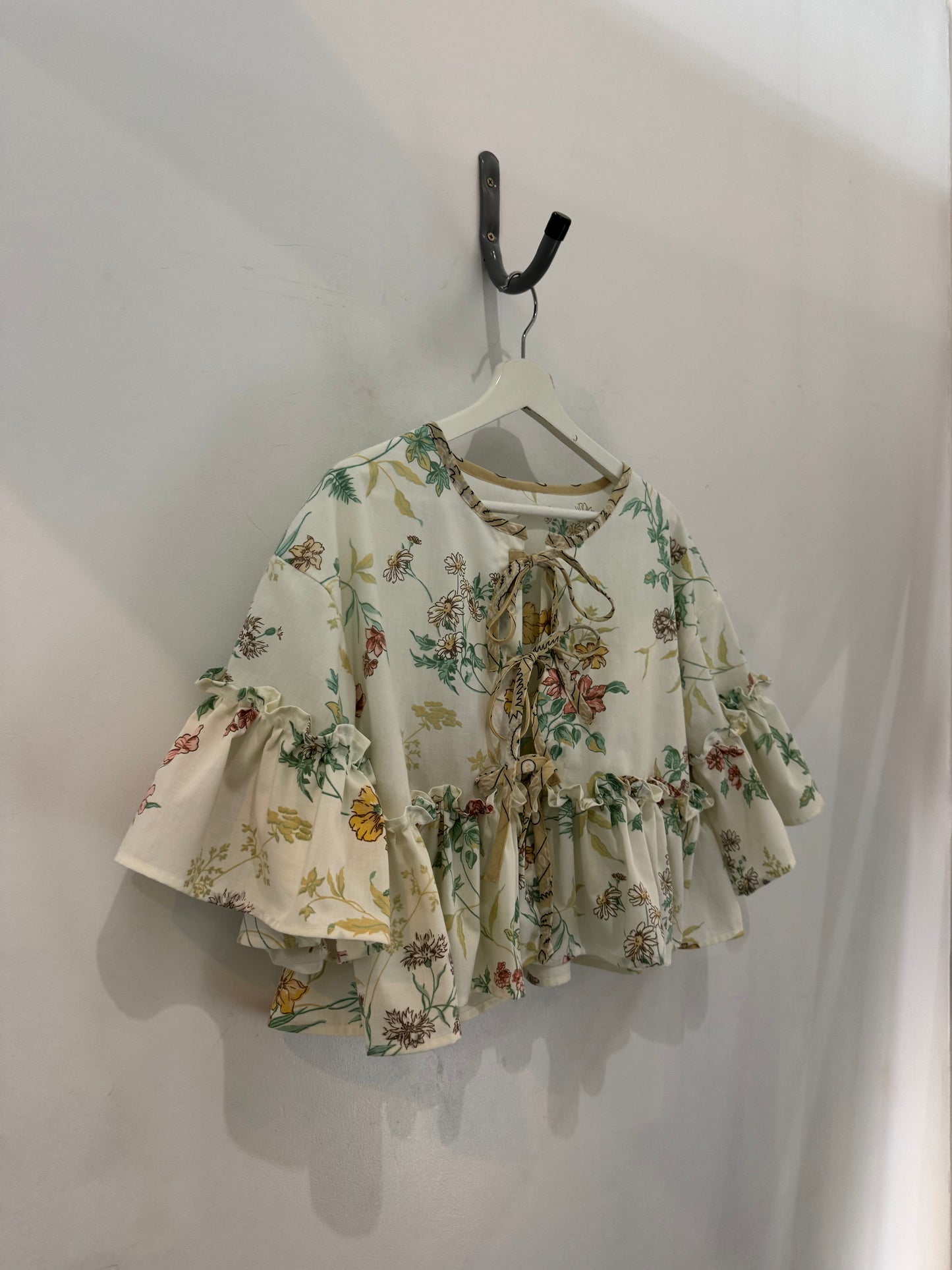 Joycie Vintage Cotton Handcrafted Floral Ruffle Tie Top