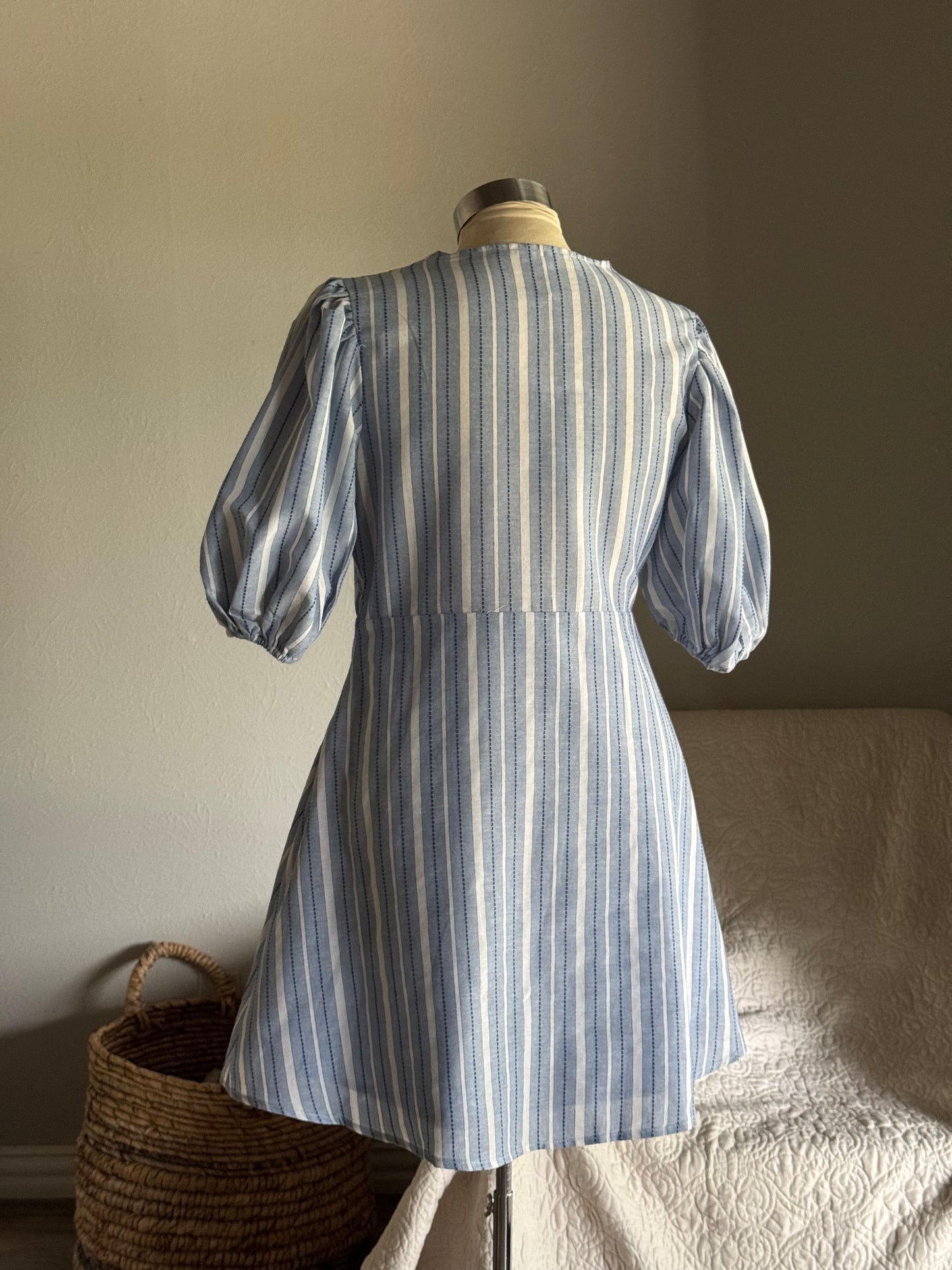 Patricia Cotton Striped Embroidered Tie Front Dress In Sky￼￼