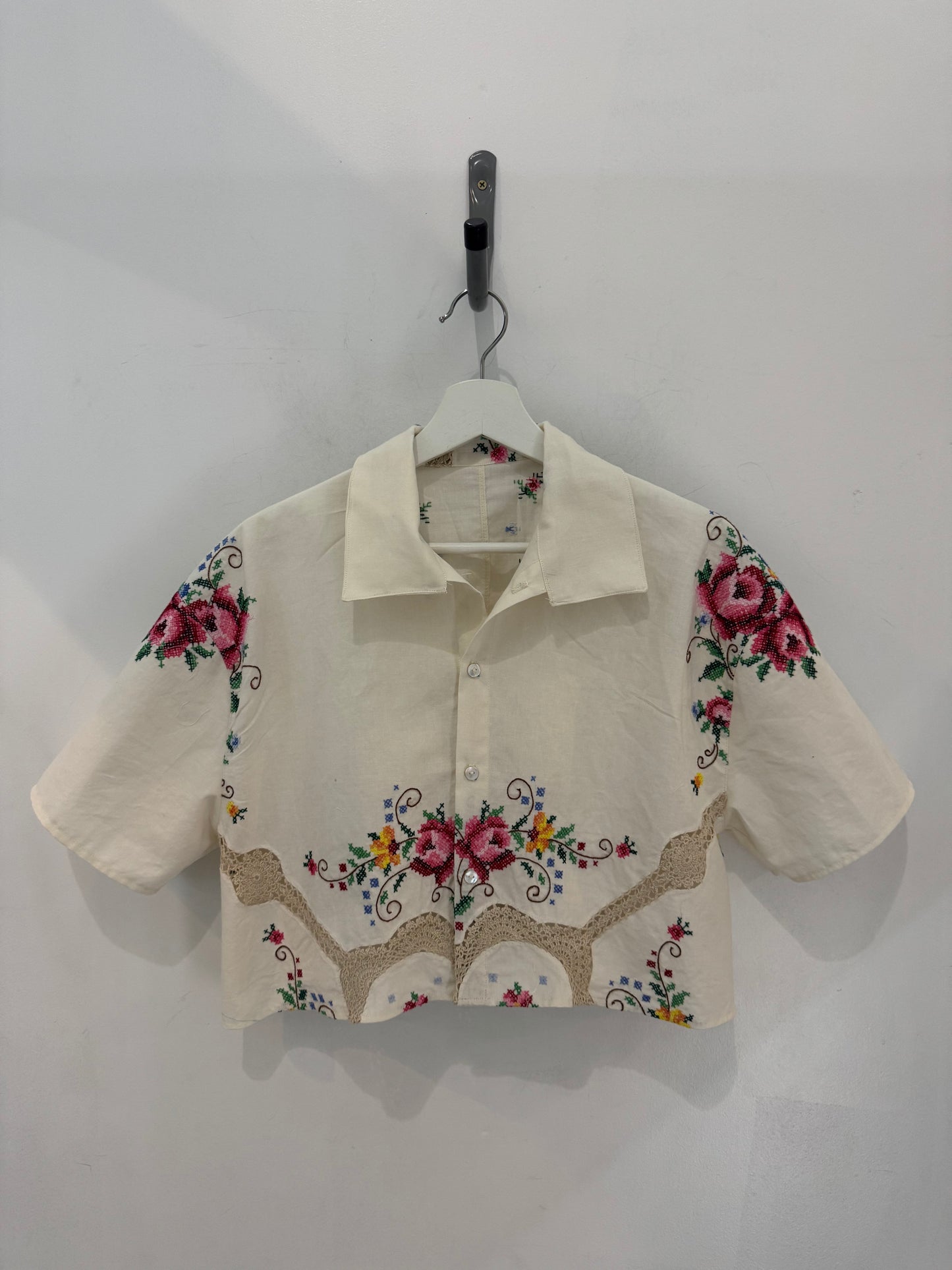Judy Handcrafted Vintage Embroidered Crochet Cropped Button Down