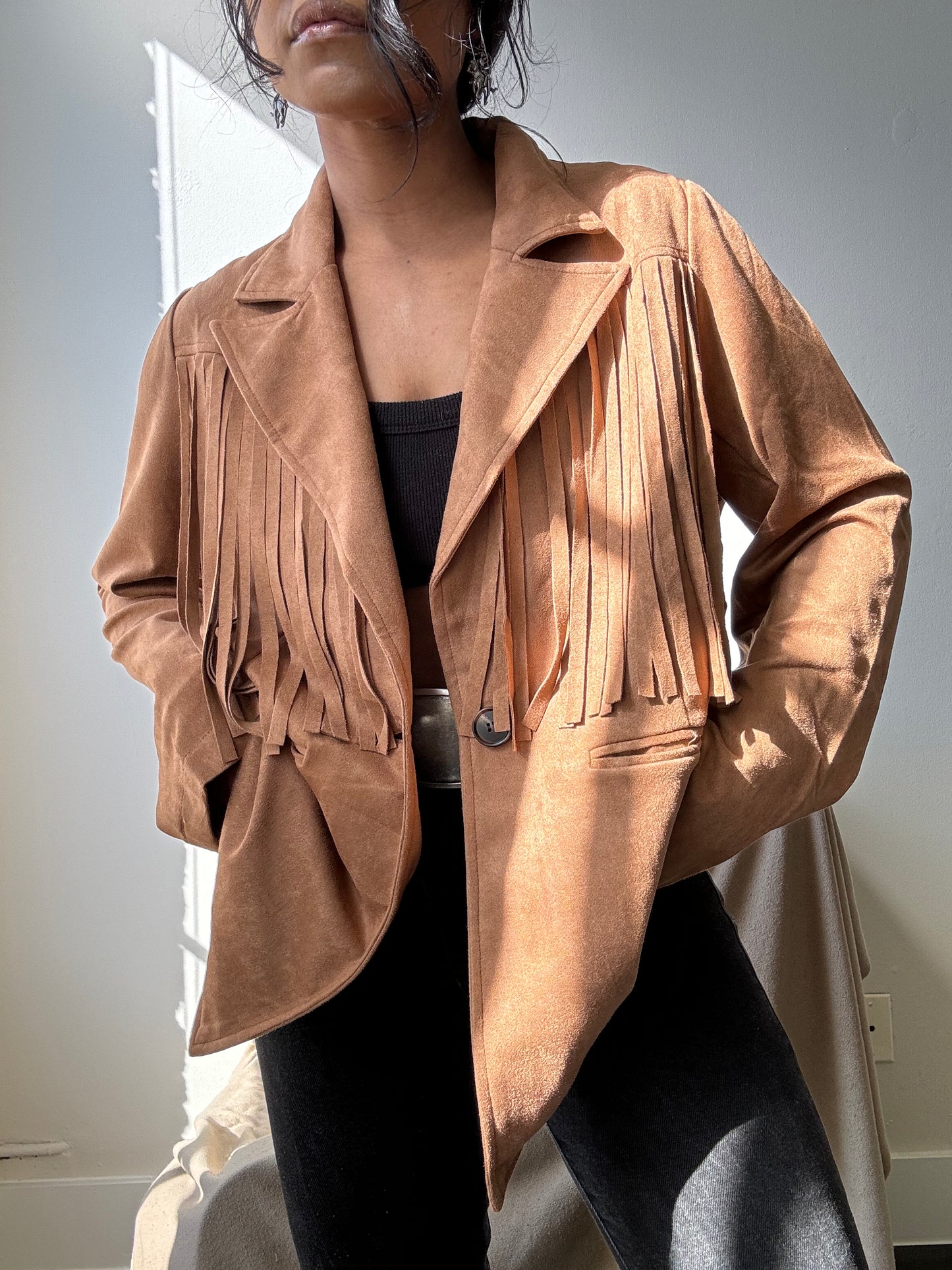 Booker Fringe Suede Modern Western Blazer In Camel