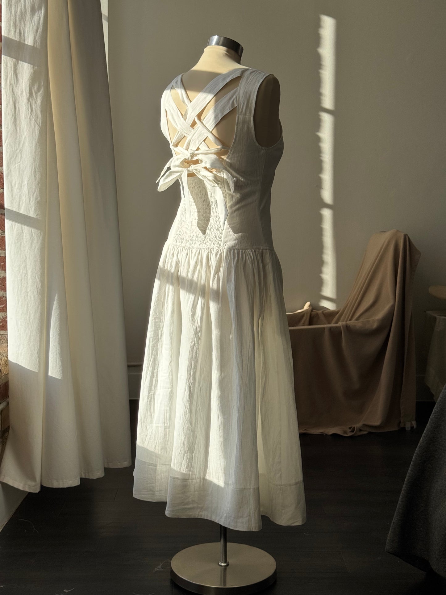 Costella Cotton Lace Up Back Midi Dress in Ivory