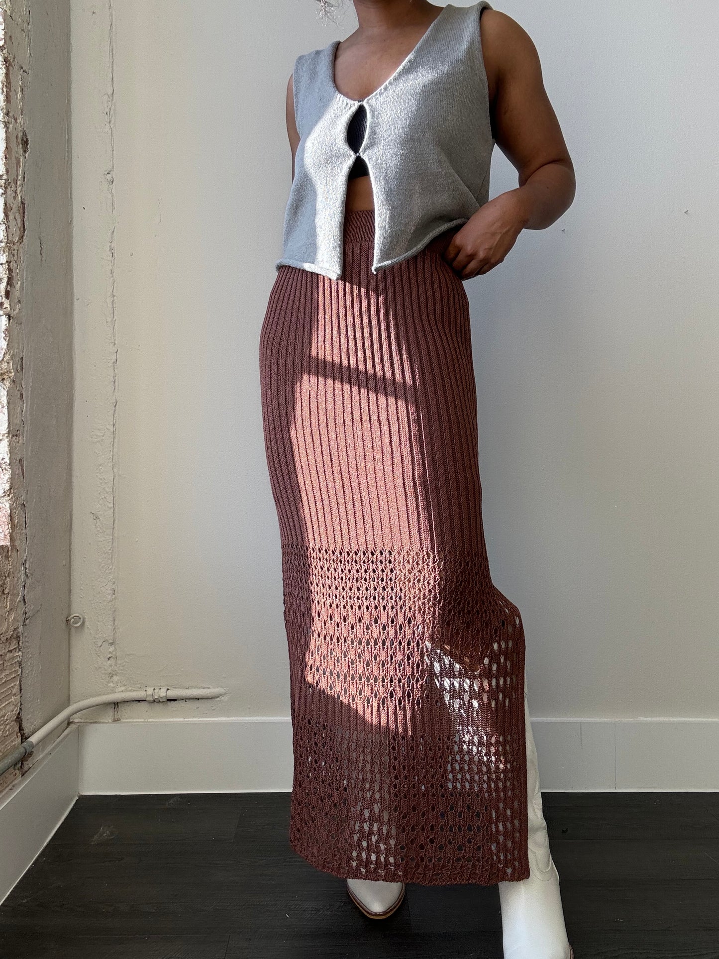 Perry Crochet Knit Maxi Skit In Brown