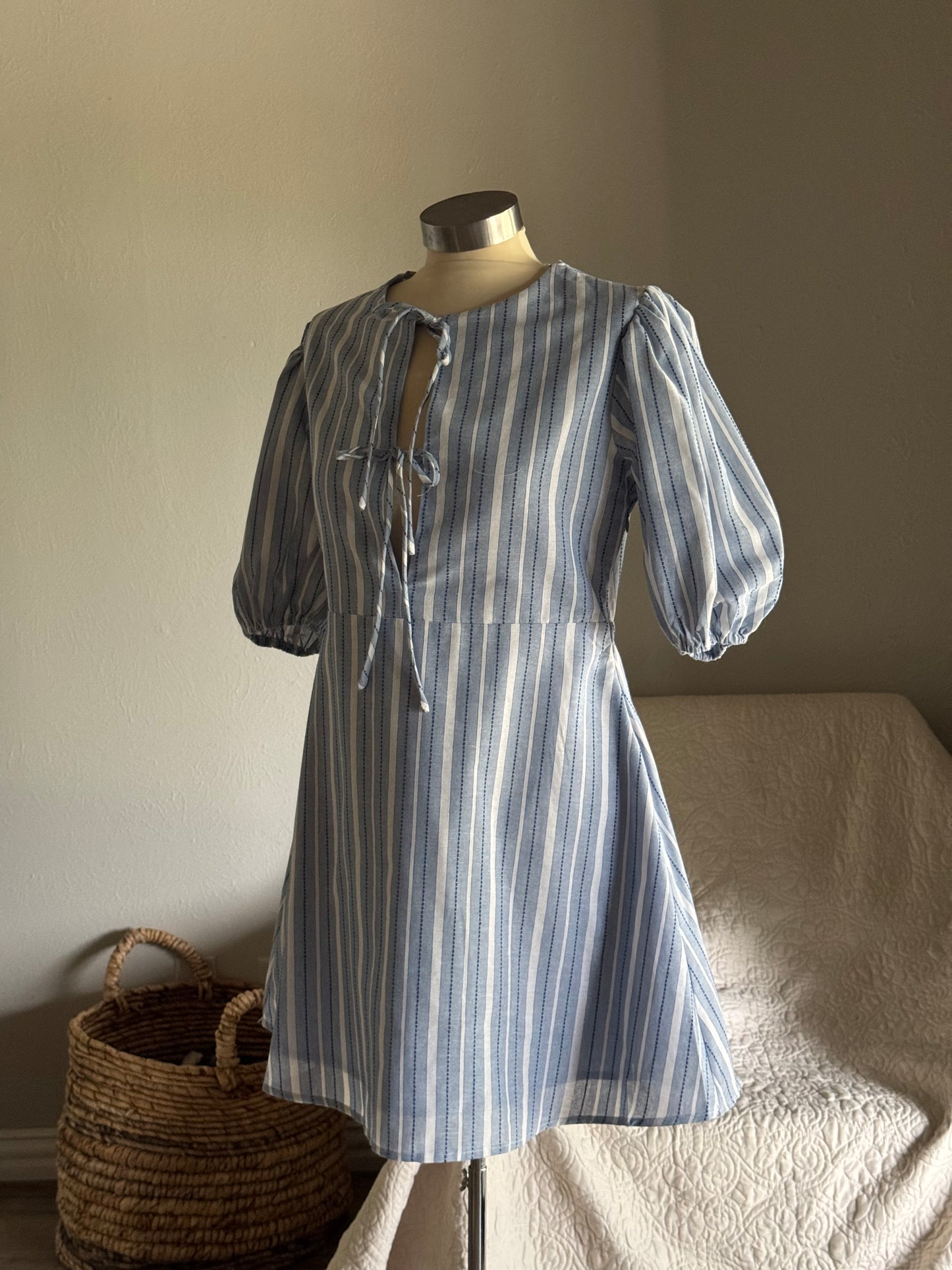 Patricia Cotton Striped Embroidered Tie Front Dress In Sky￼￼