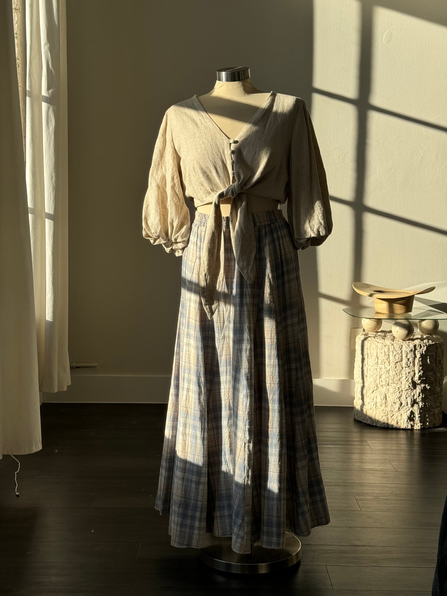 Annie Cotton Plaid Maxi Prairie Skirt In Vintage Blue