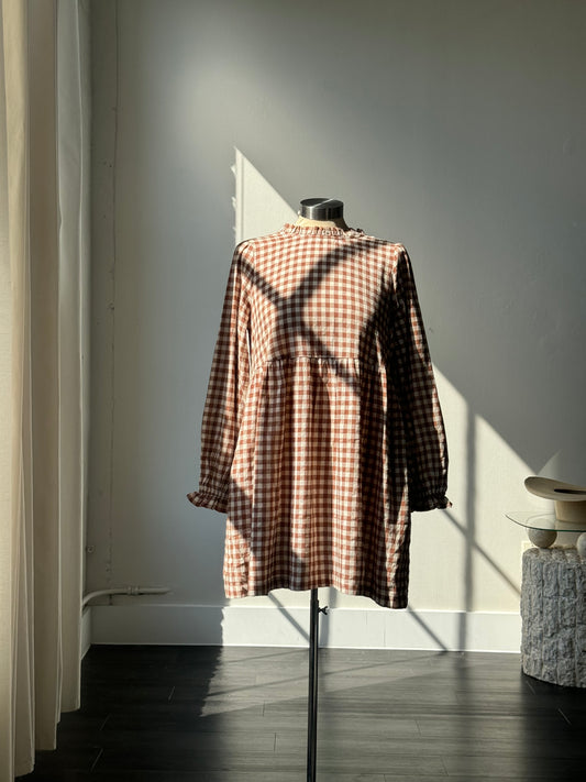 Angie Cotton Mock Neck Gingham Dress In Coffee