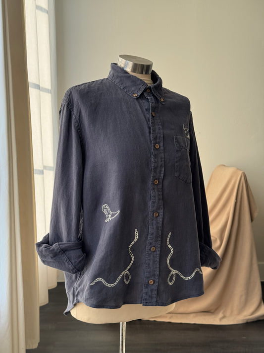 Lawrence Handcrafted Sad Songs Linen Button Down In Vintage Navy