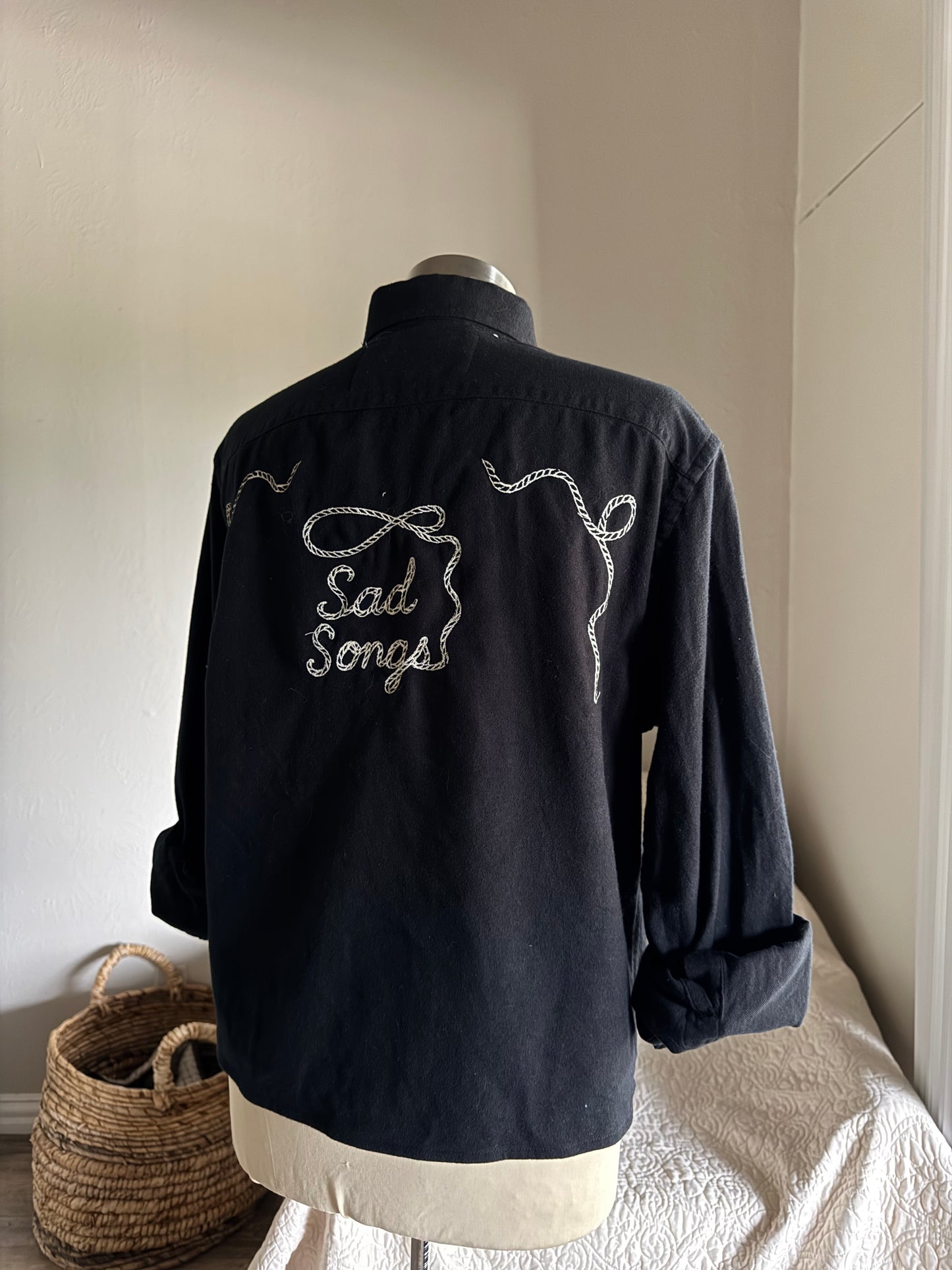 Lawrence Handcrafted Sad Songs Cropped Long Sleeve Button Down In Black