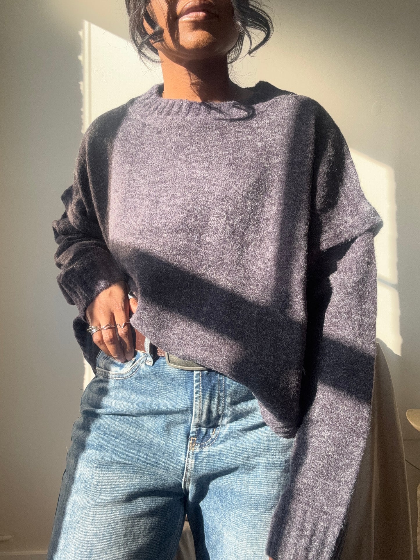 Micah Drop Shoulder Crop Pullover Sweater In Vintage Charcoal