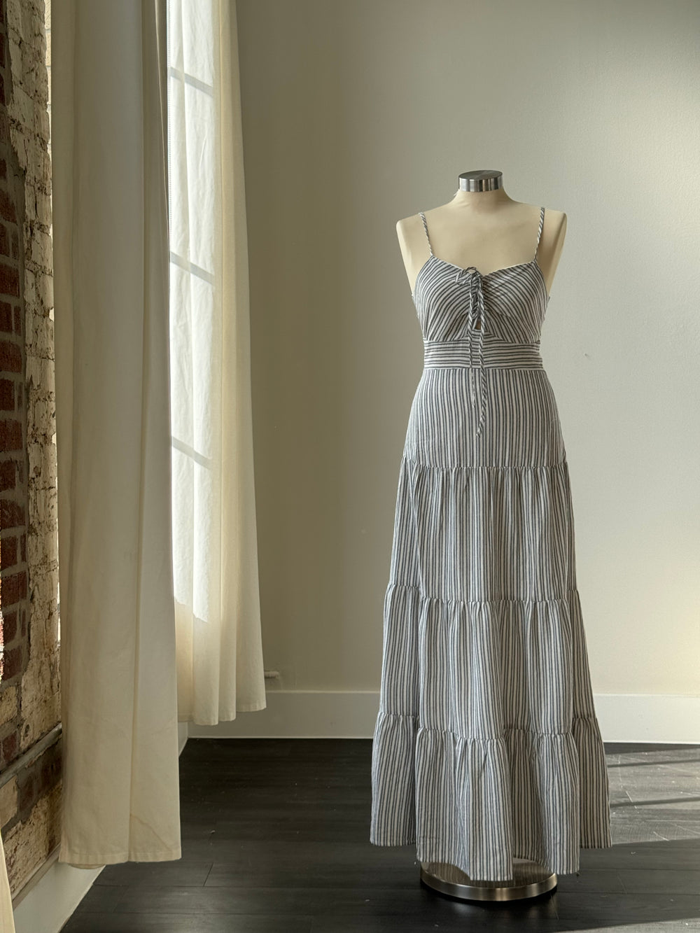 Hilda Cotton Linen Striped Maxi Dress In Navy