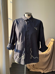 Lawrence Handcrafted Sad Songs Cropped Cotton Button Down Long Sleeve In Pinstripe Midnight Navy