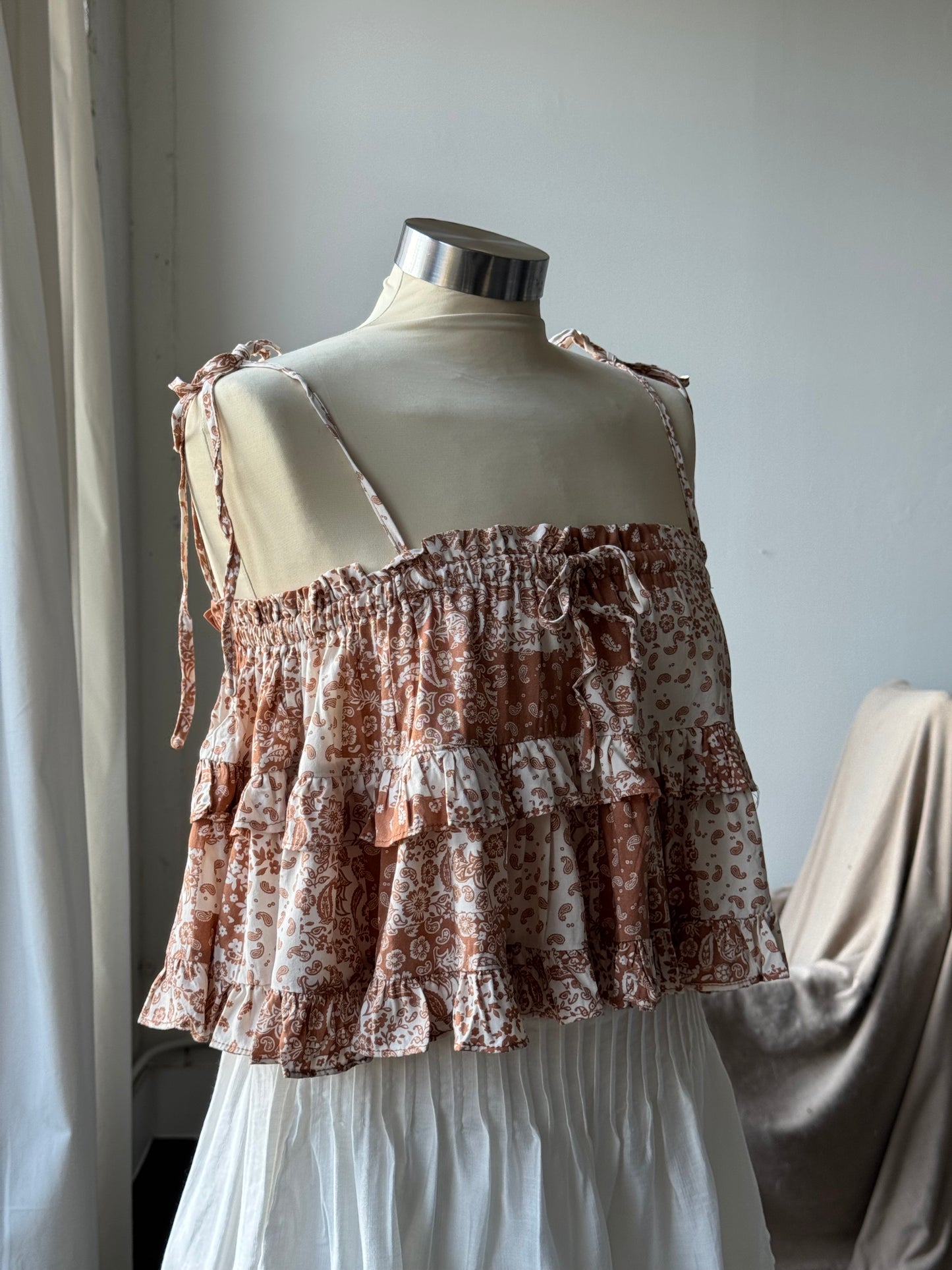 Terry Paisley Patch Bandana Ruffle Top In Red Canyon