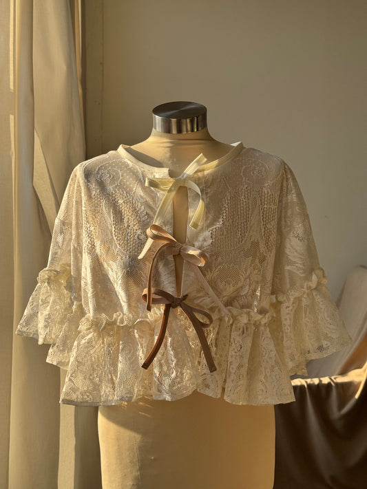Eliza Vintage Lace Handcrafted Ruffle Top In Ivory White