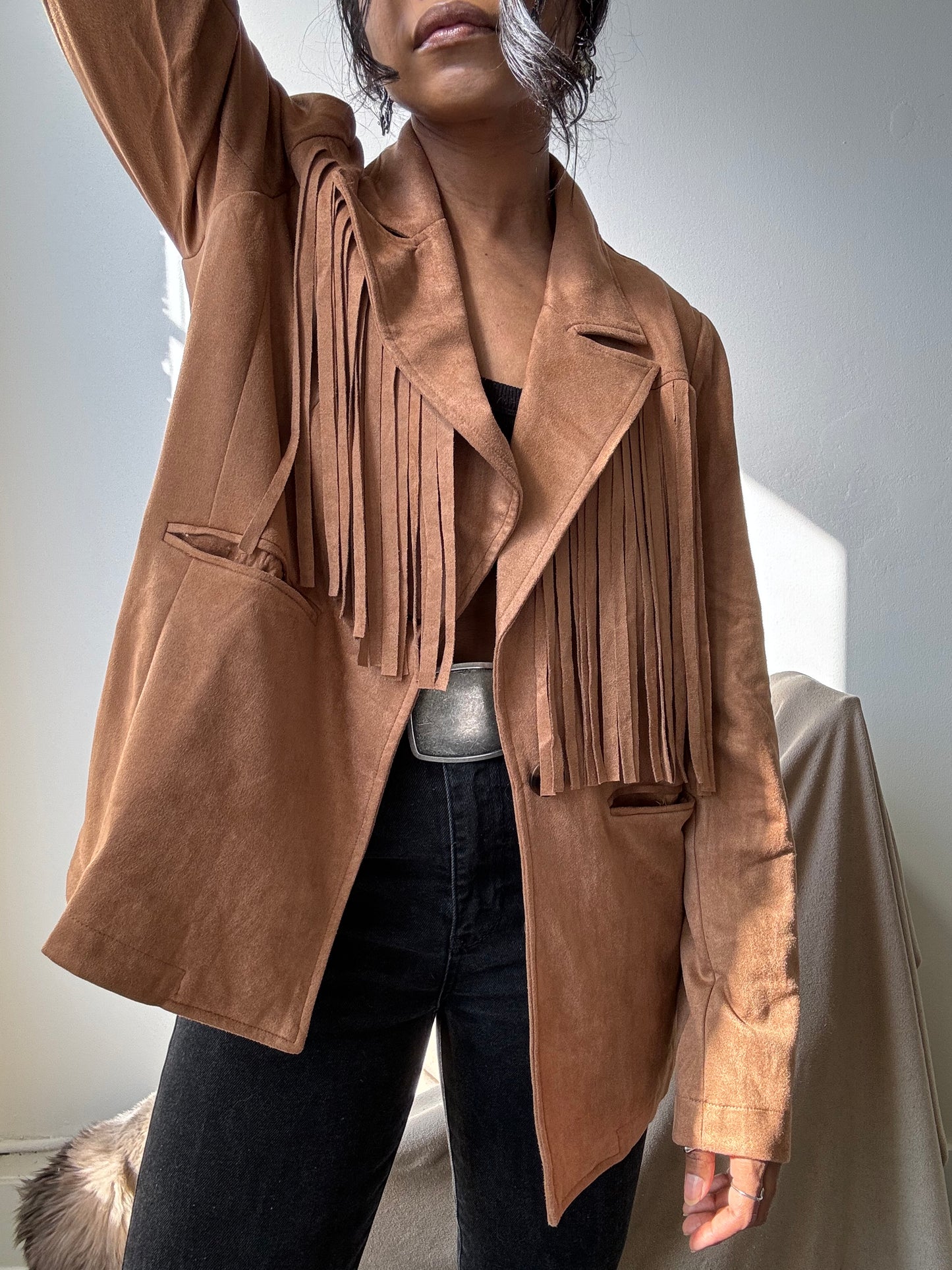 Booker Fringe Suede Modern Western Blazer In Camel