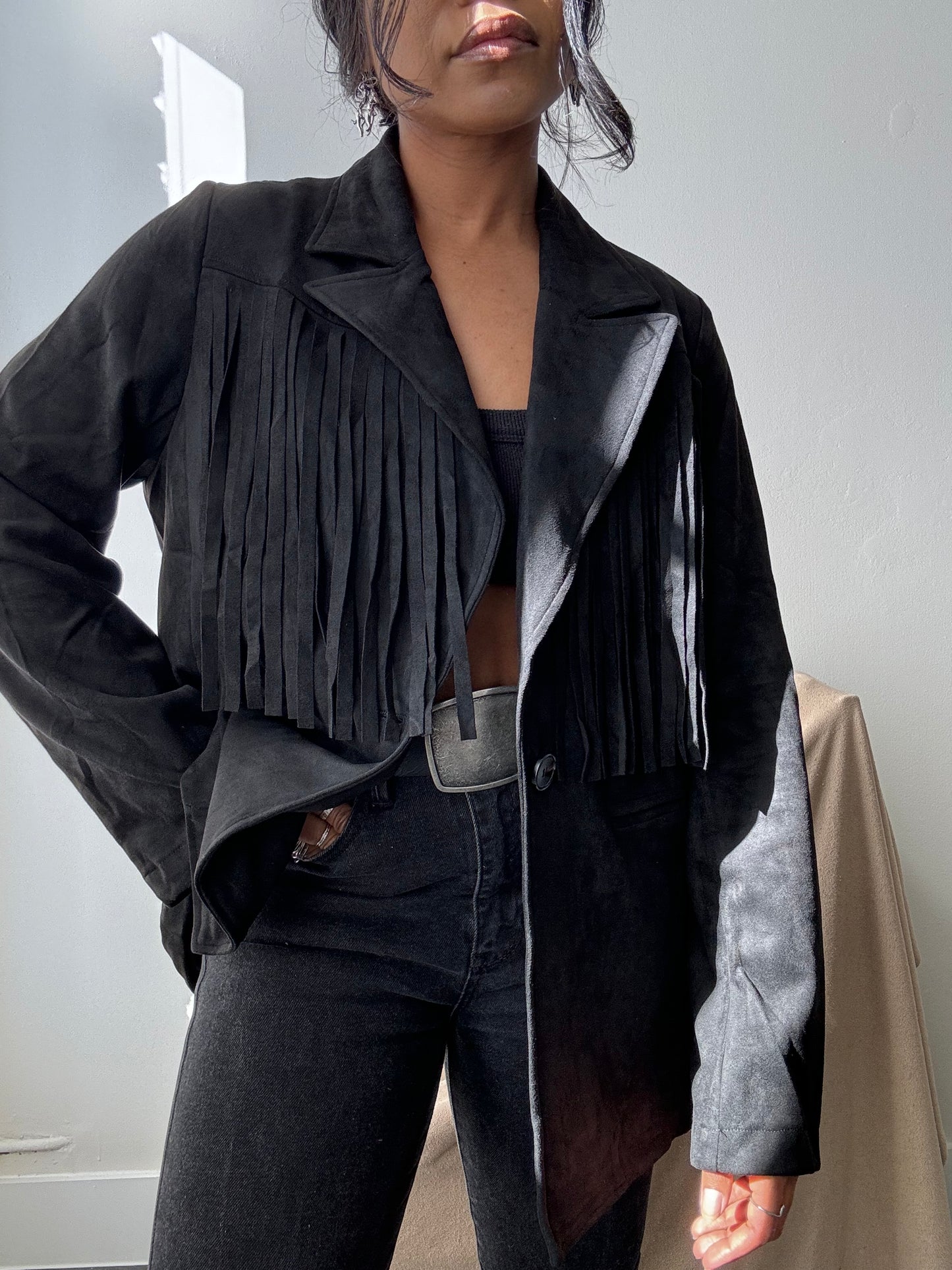 Booker Fringe Suede Modern Western Blazer In Black