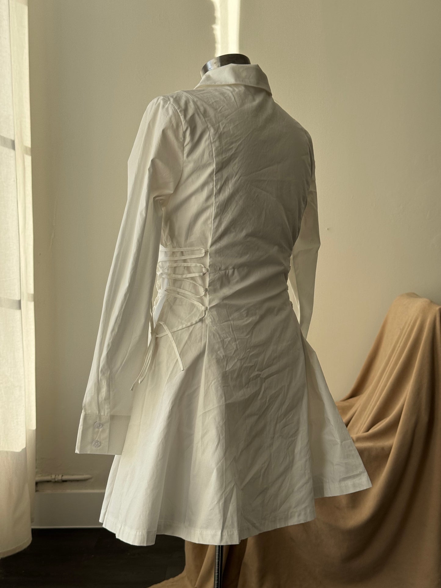 Loran Cotton Side Corset Button Down Long Sleeve Dress In White