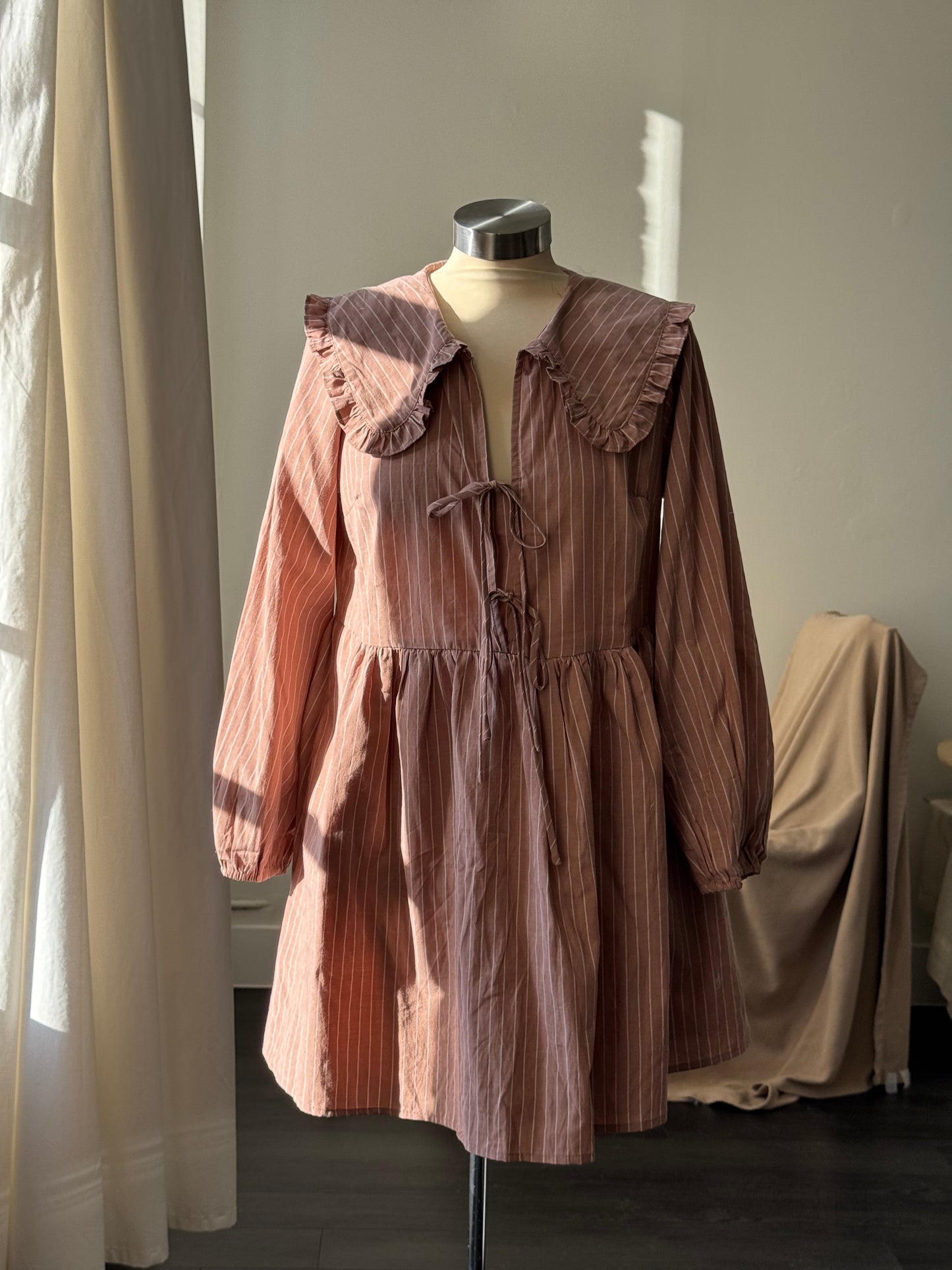 Odessa Striped Tie Front Ruffle Collar Cotton Dress In Malt