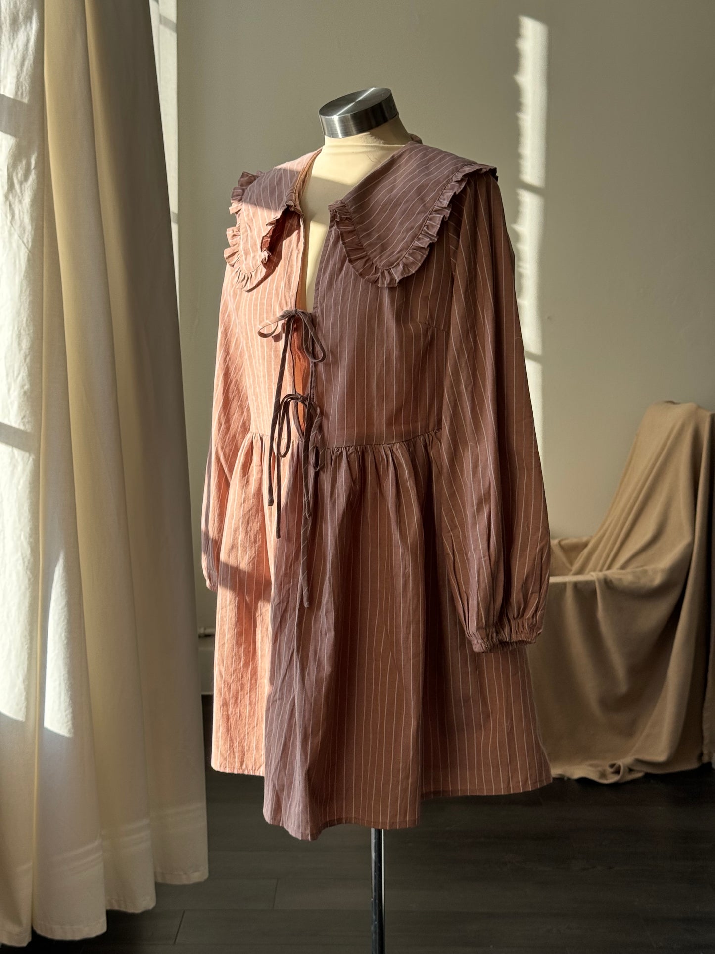 Odessa Striped Tie Front Ruffle Collar Cotton Dress In Malt