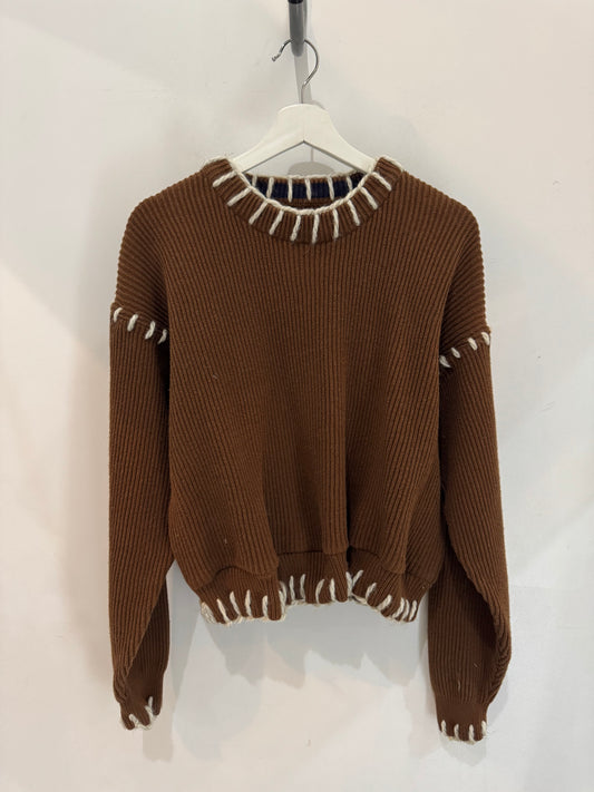 Sloppy Joe Handcrafted Cowboy Blanket Stitch Chunky Sweater In Brown