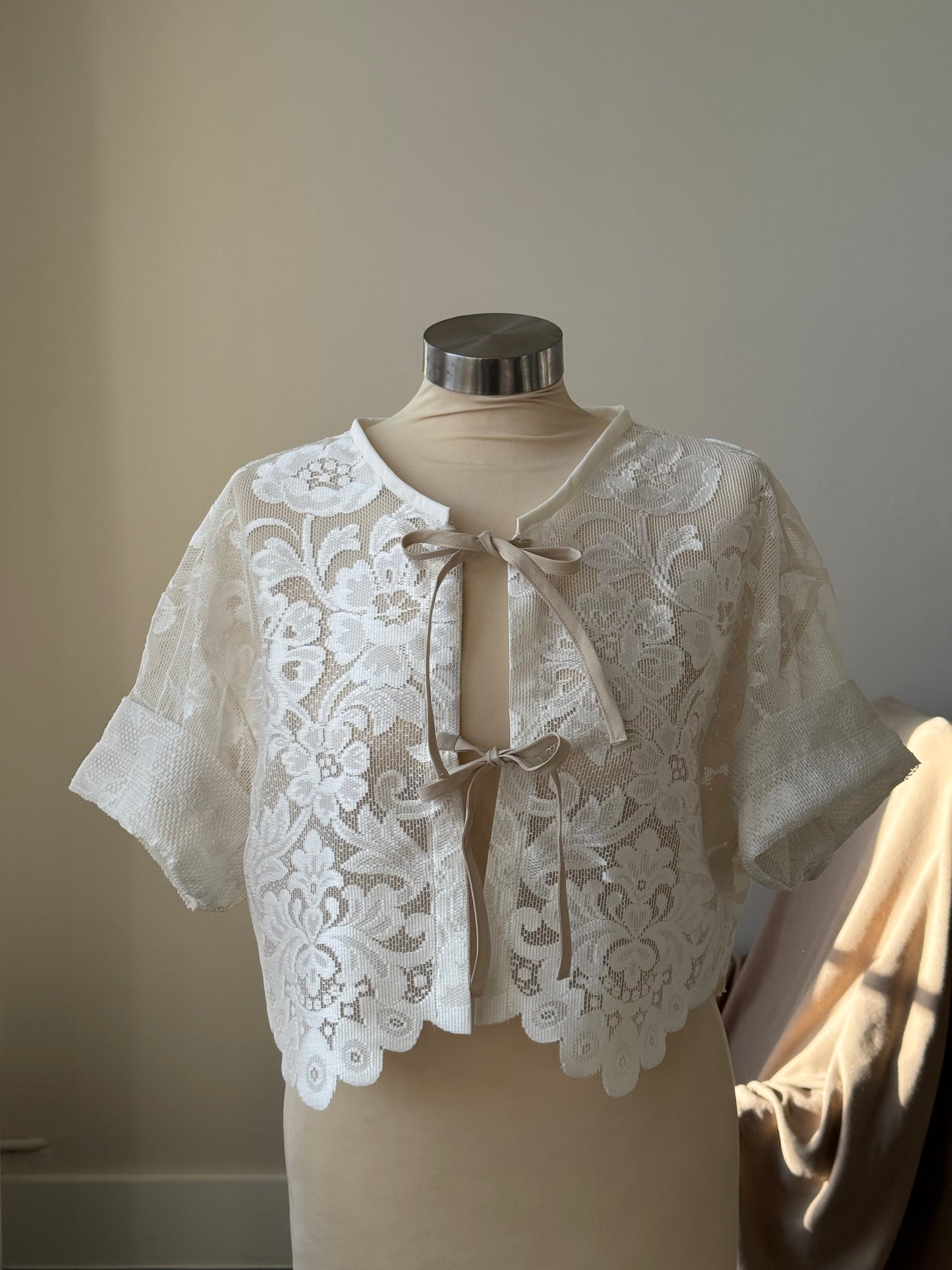 Roberta Handcrafted Vintage Lace Tie Top In Ivory