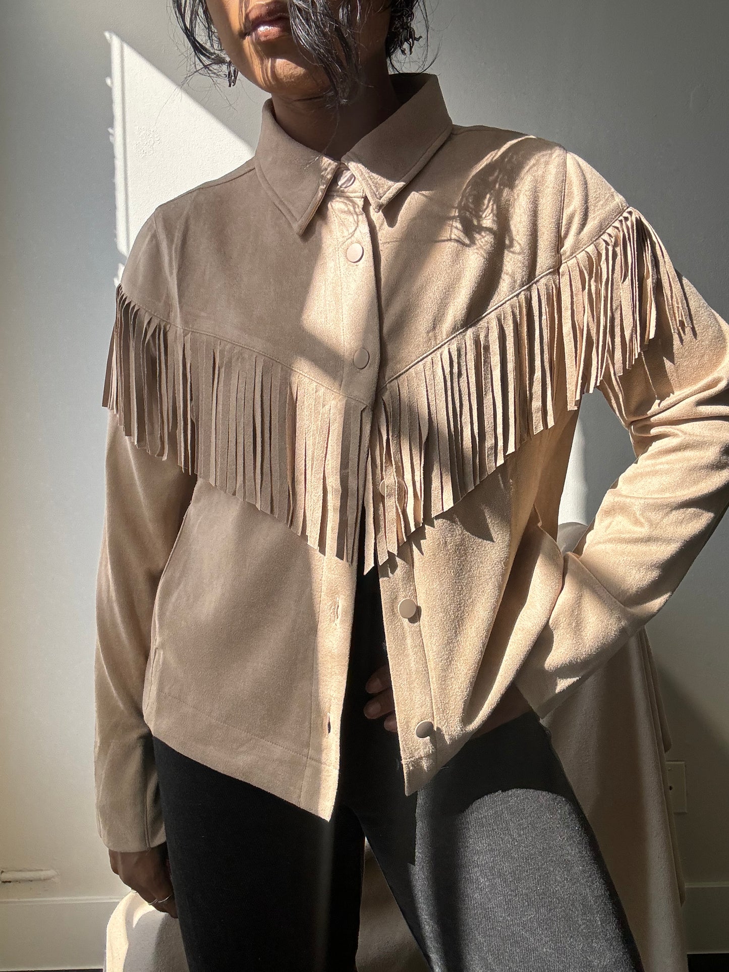 Brooks Cropped Fringe Suede Modern Western Shacket In Taupe