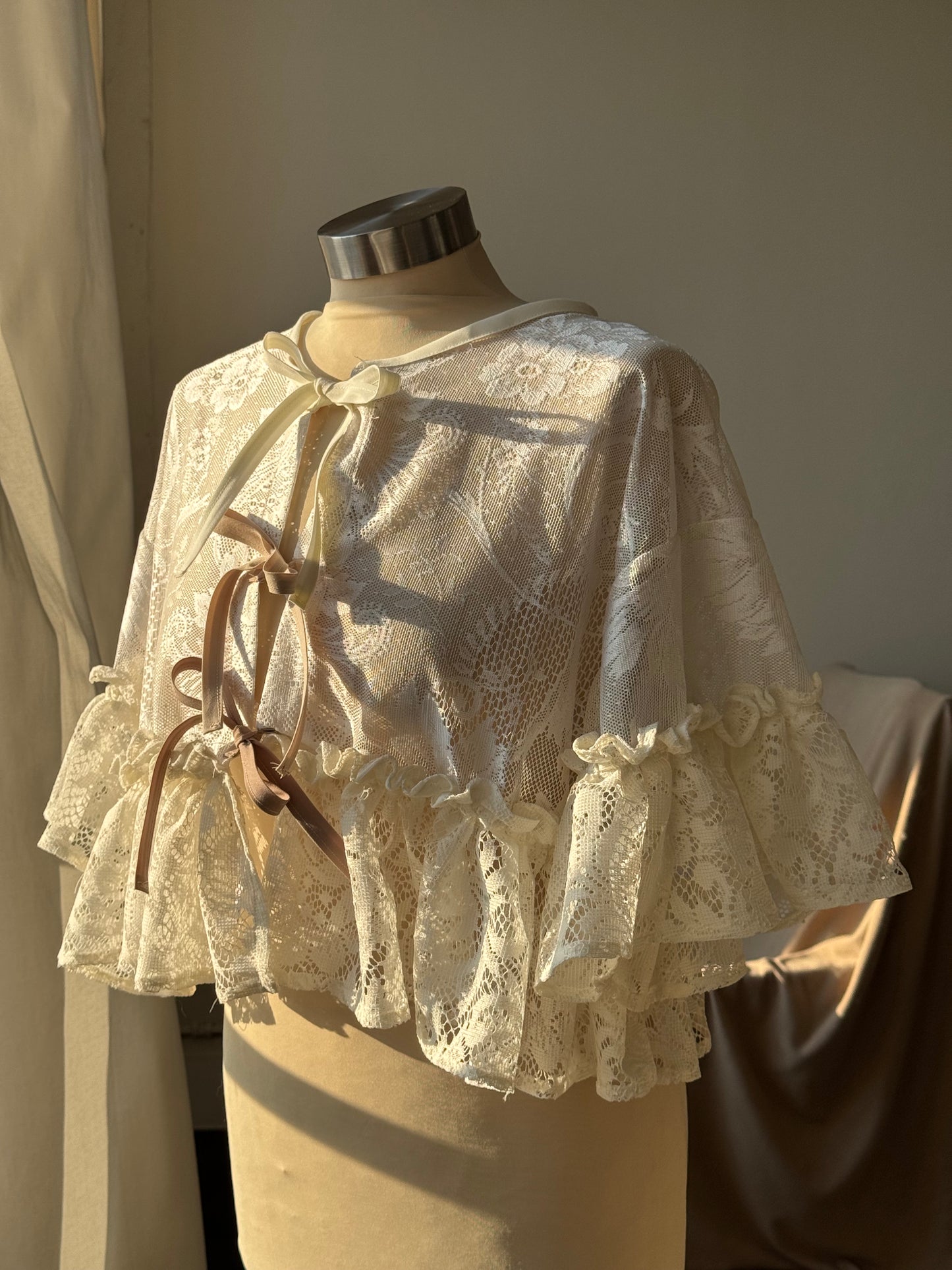 Eliza Two Tone Vintage Lace Handcrafted Ruffle Top In Ivory