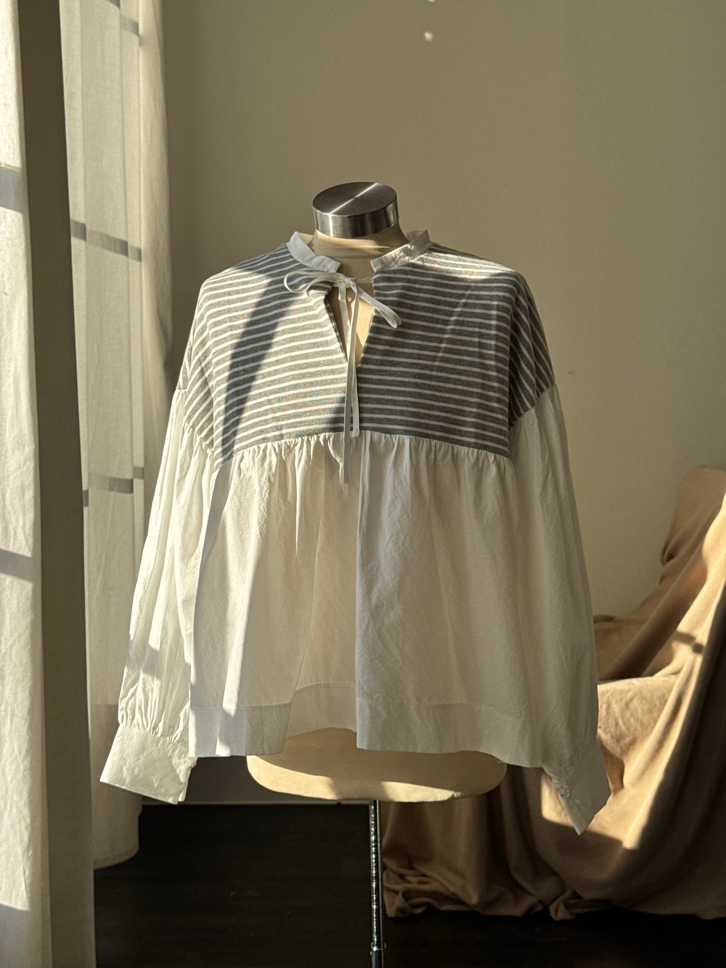 Chasity Cotton Mock Tie Neck Striped Two Tone Top In Grey￼