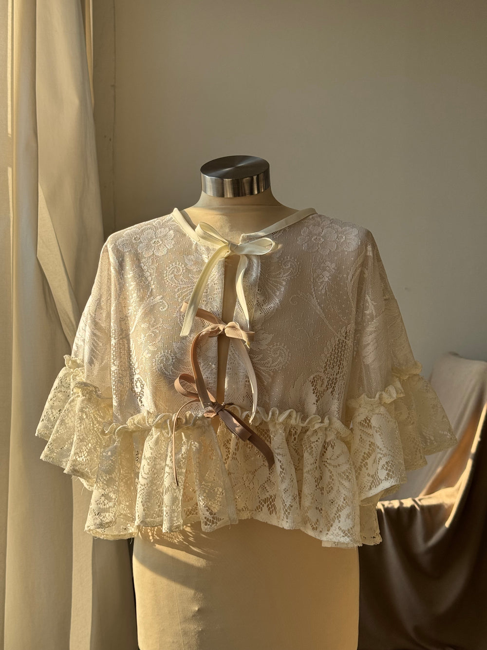 Eliza Two Tone Vintage Lace Handcrafted Ruffle Top In Ivory