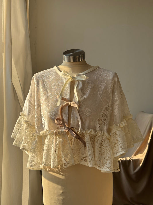 Eliza Two Tone Vintage Lace Handcrafted Ruffle Top In Ivory