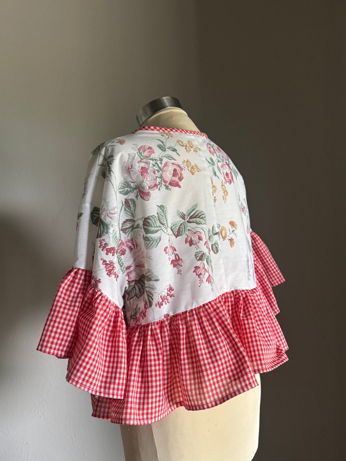 Joycie Vintage Handcrafted Gingham Floral Ruffle Top