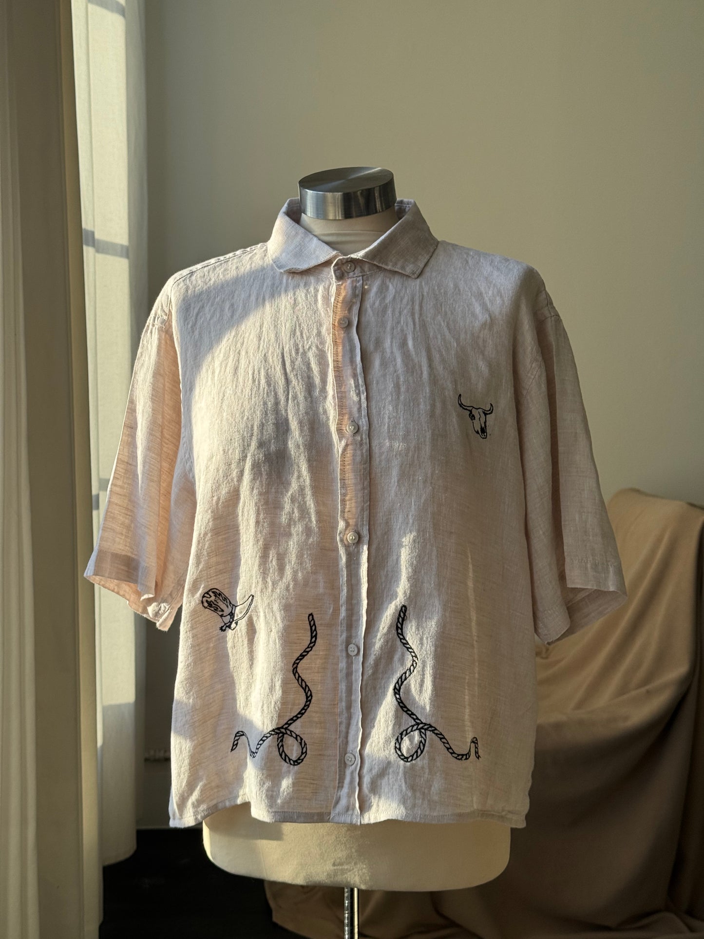 Judy Handcrafted Sad Songs Cropped Linen Button Down Short Sleeve In Natural