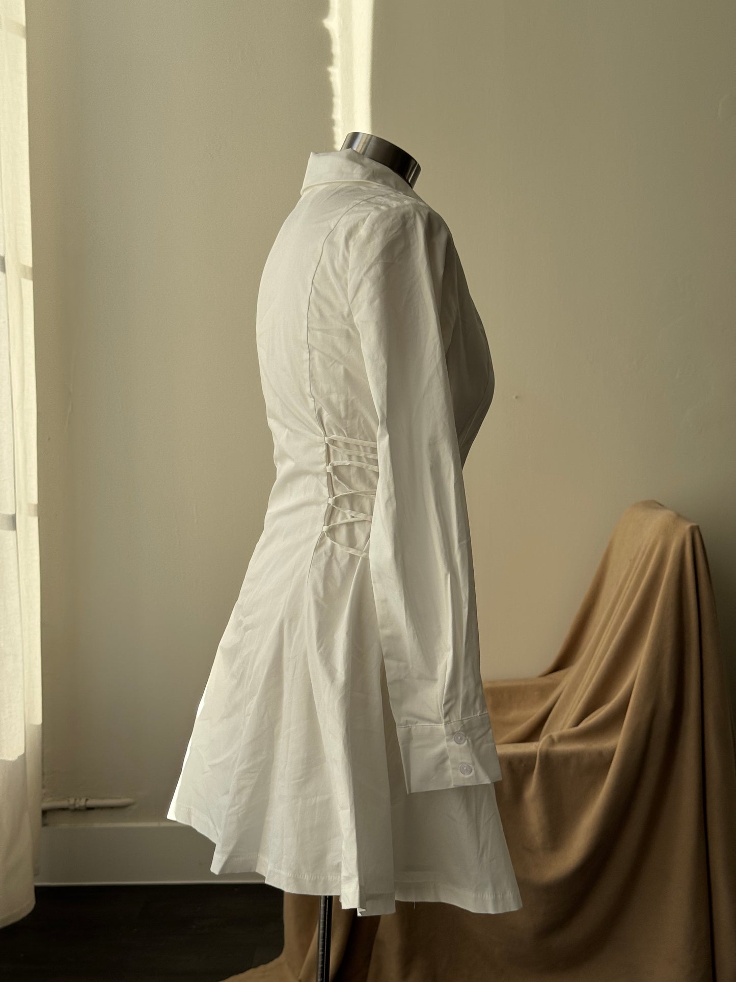 Loran Cotton Side Corset Button Down Long Sleeve Dress In White