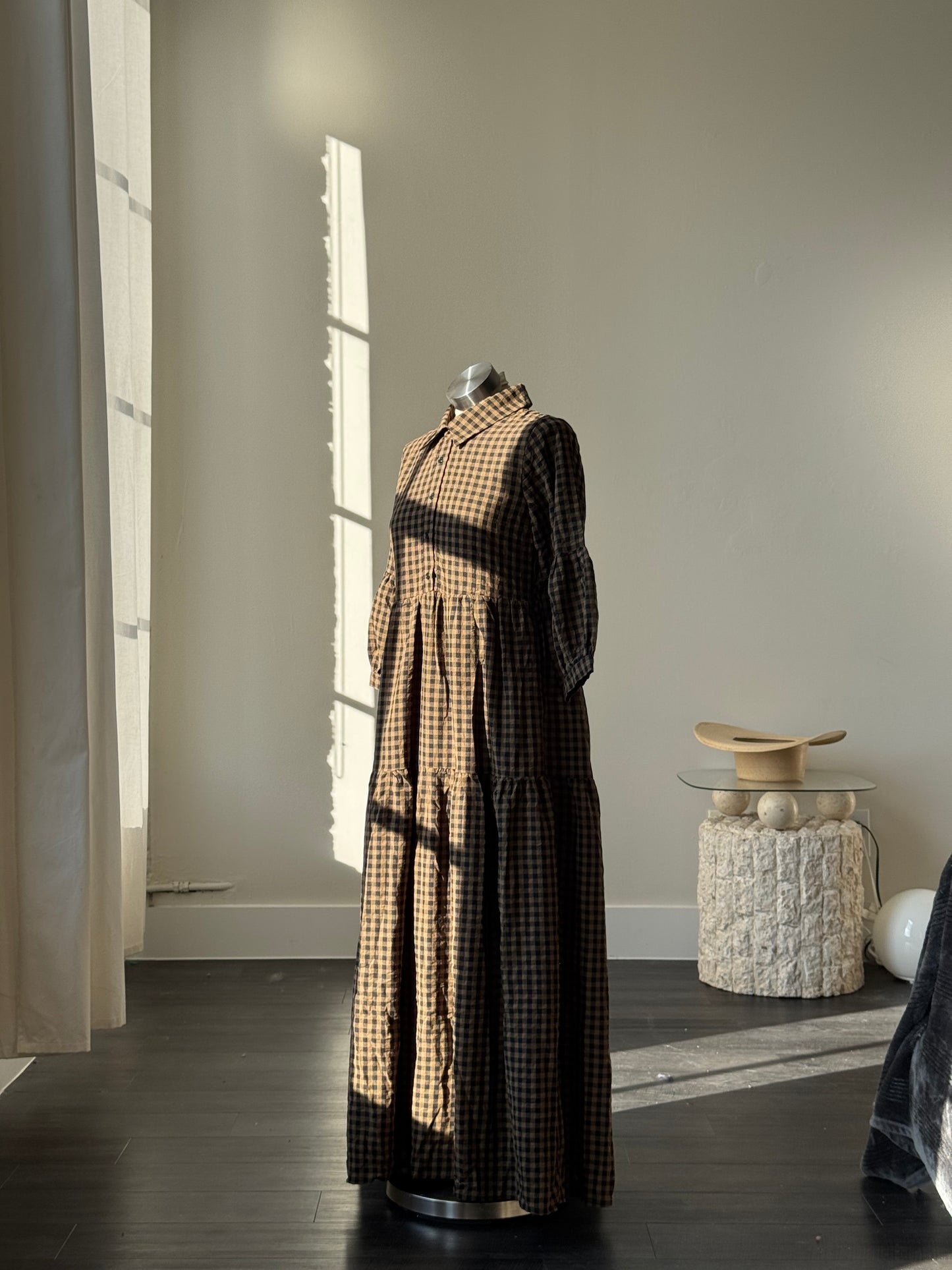 Jacqueline Cotton Gingham Maxi Dress In Olive Brown