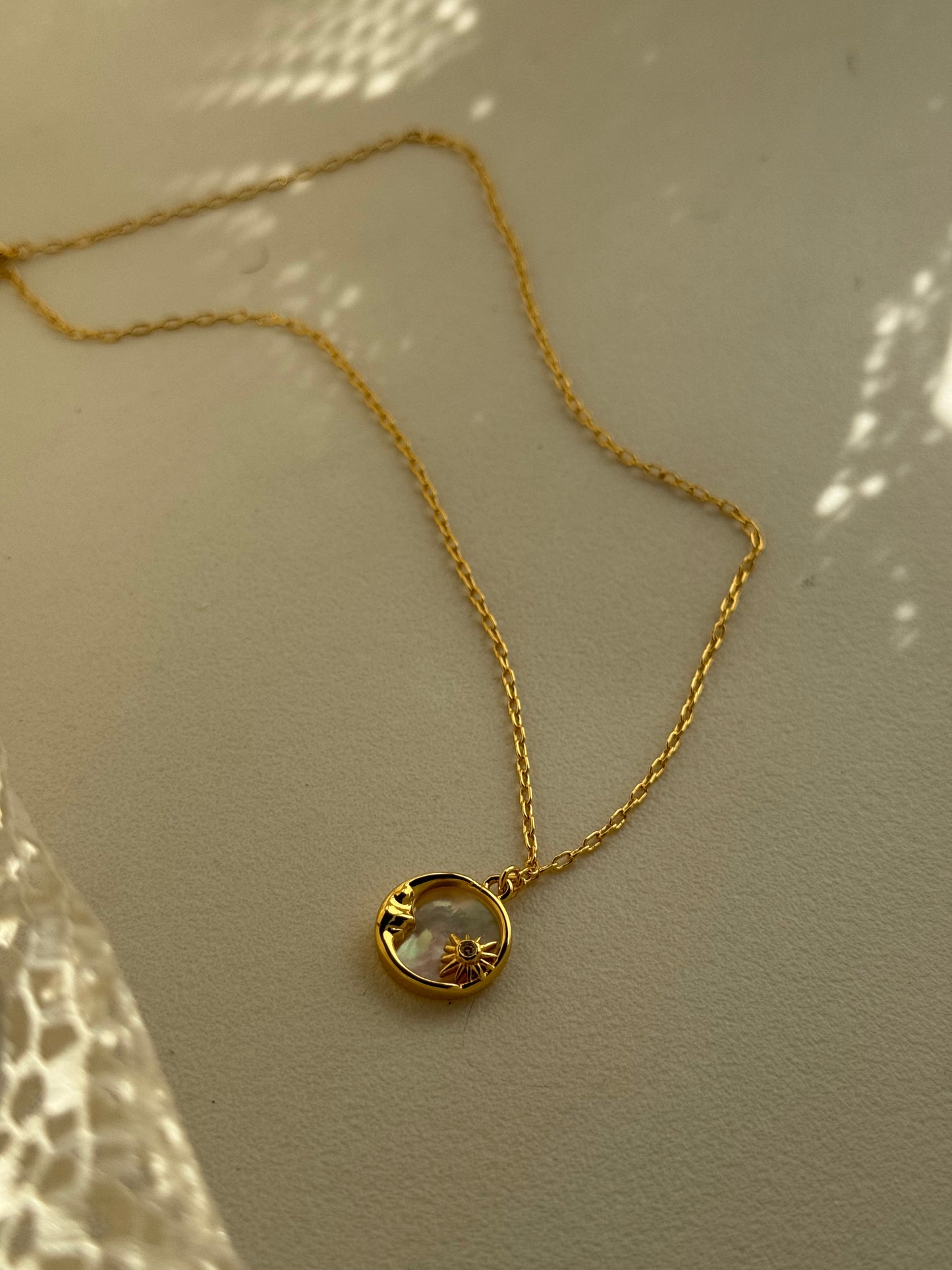 Star & Moon Mother Of Pearl Charm Necklace In Gold￼