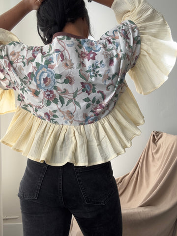 Joyce Cotton Handmade Floral & Ruffle Top In Vintage Cream