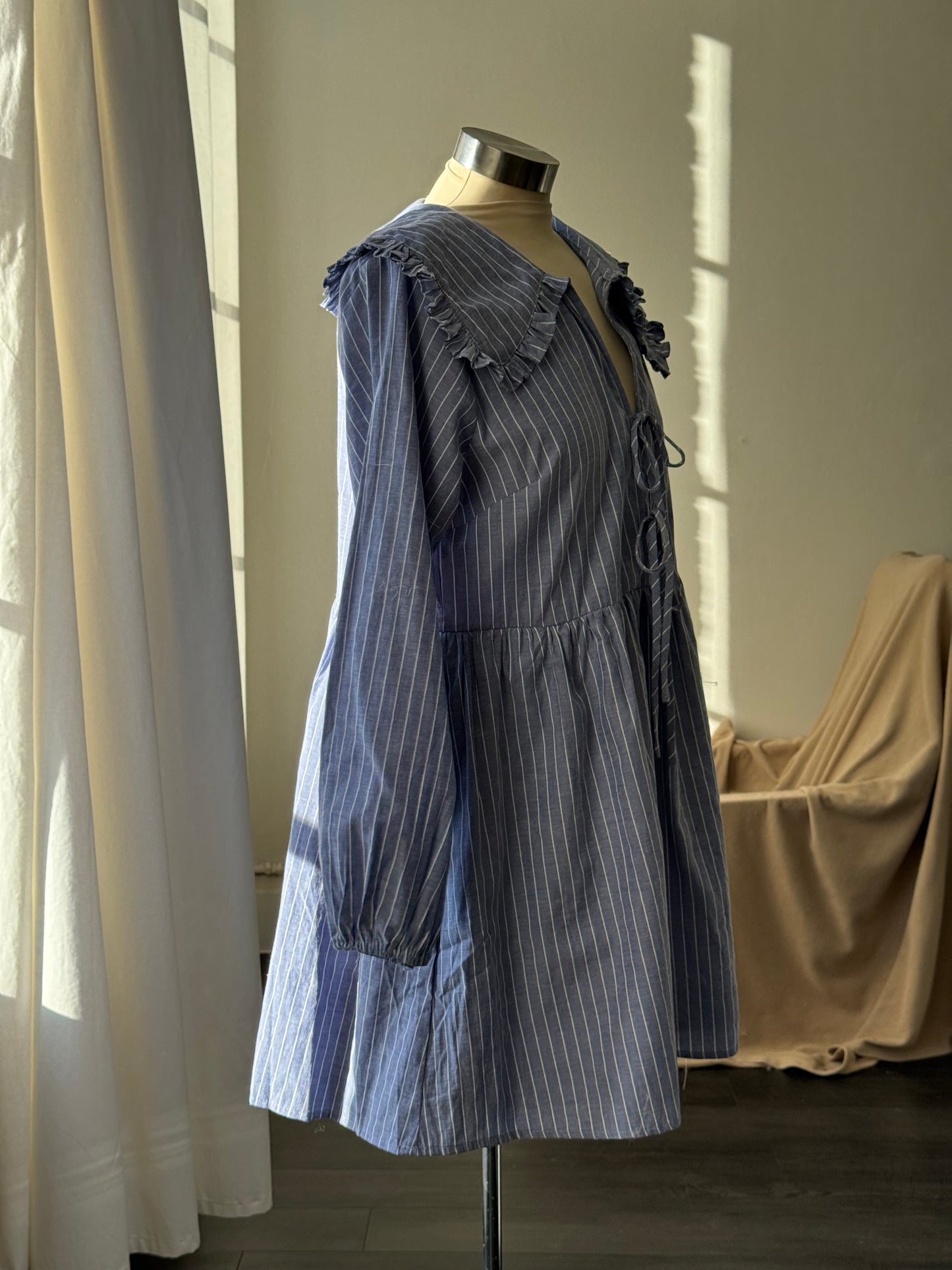 Odessa Cotton Tie Front Ruffle Collar Striped Dress In Vintage Blue￼￼