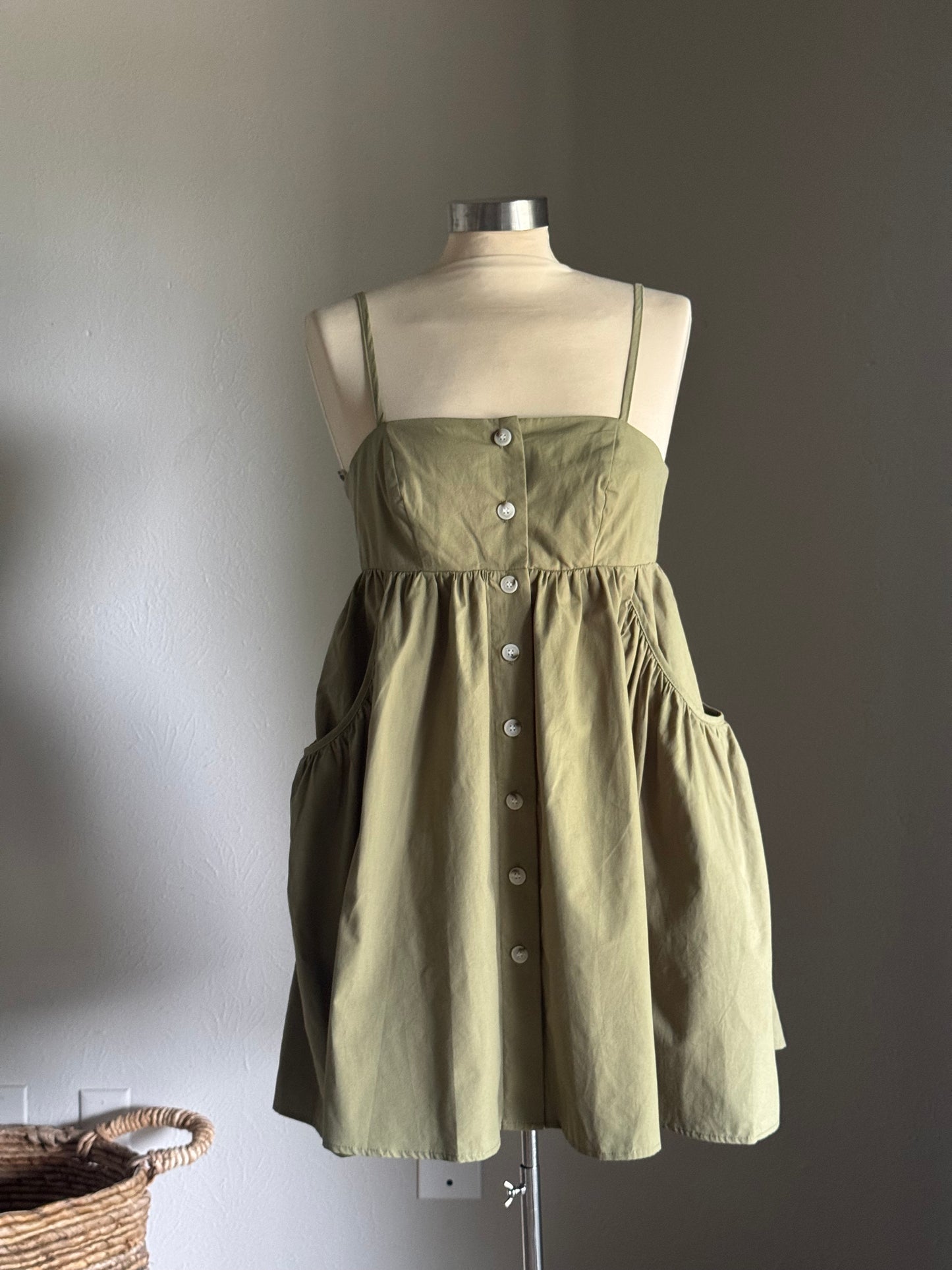Karina Cotton Button Front Open Back Dress In Avocado