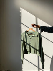 Tori Cotton Balloon Sleeve Crop Lightweight Sweater In Vintage Green