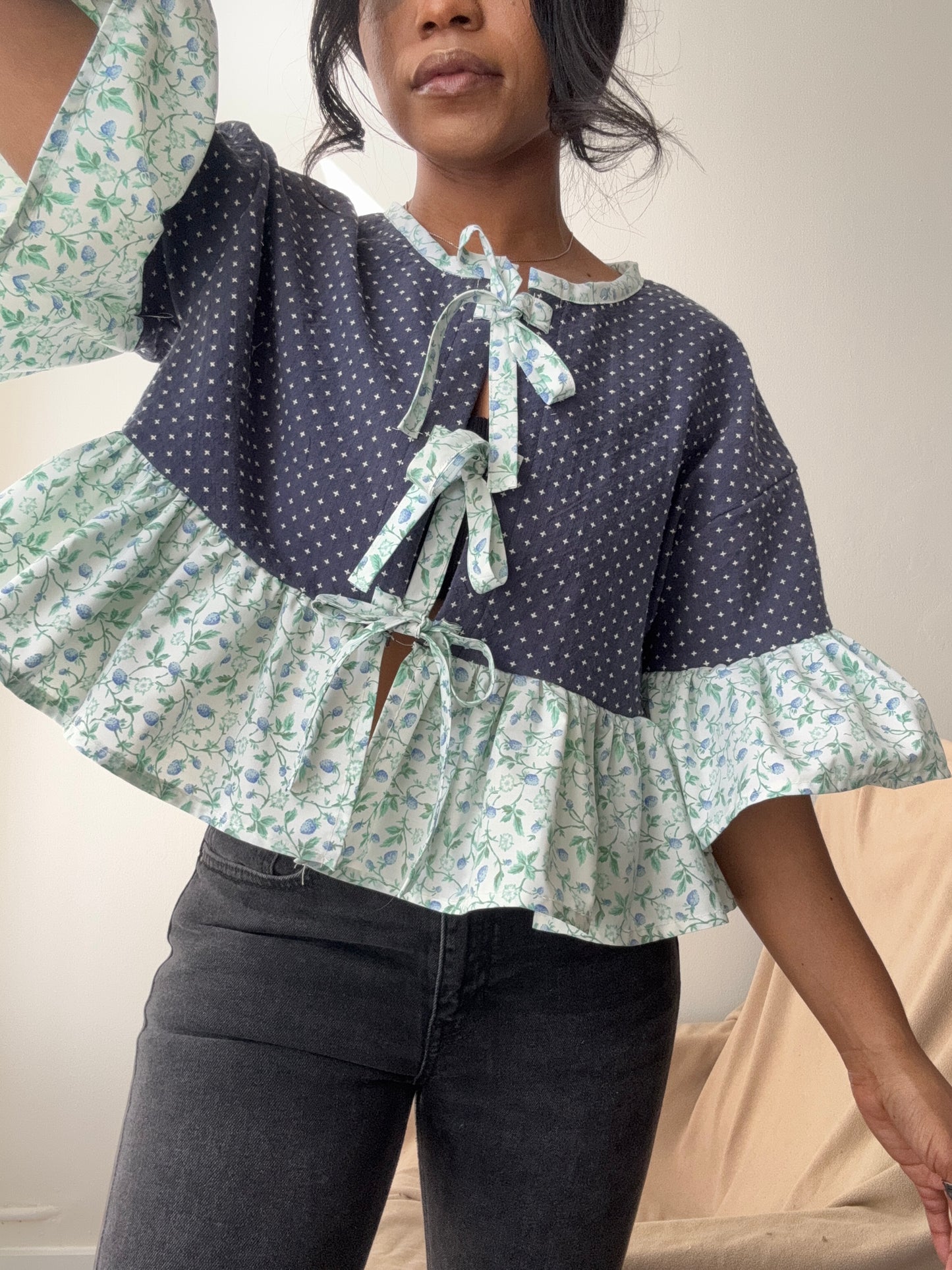 Brenda Vintage Cotton Handcrafted Ruffle Top In Navy