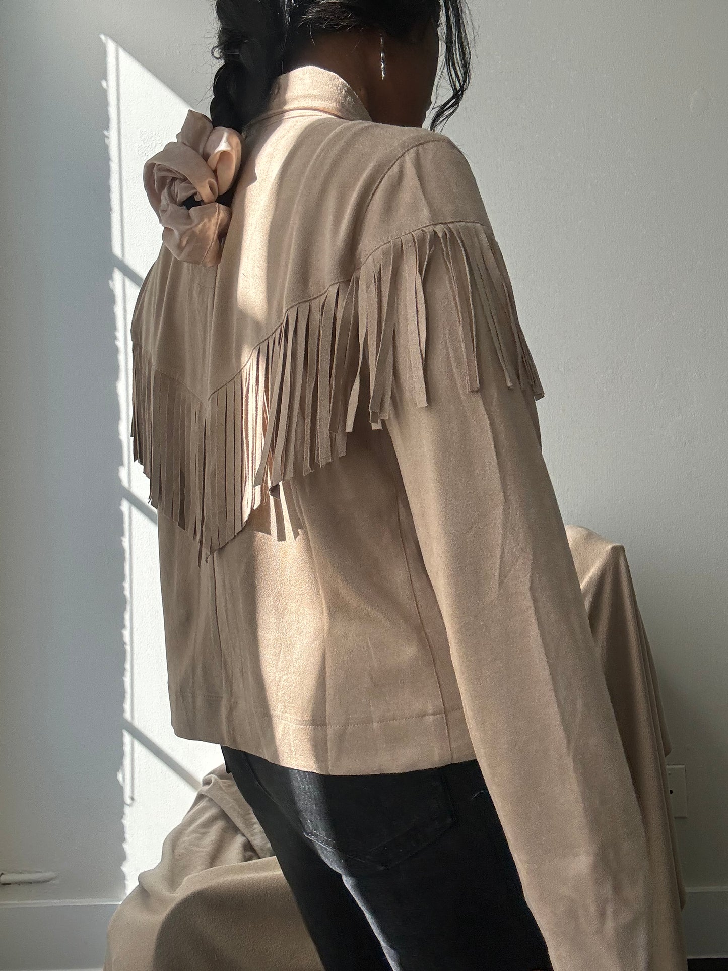 Brooks Cropped Fringe Suede Modern Western Shacket In Taupe