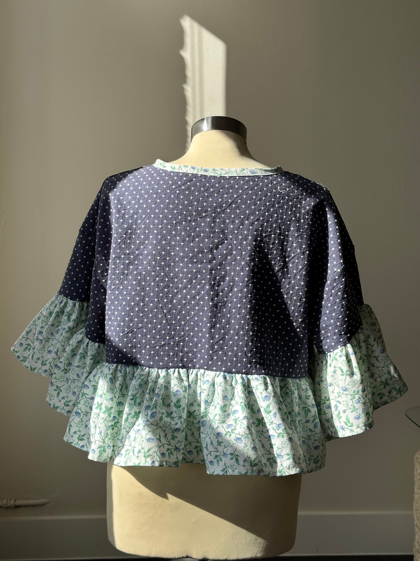 Brenda Vintage Cotton Handcrafted Ruffle Top In Navy