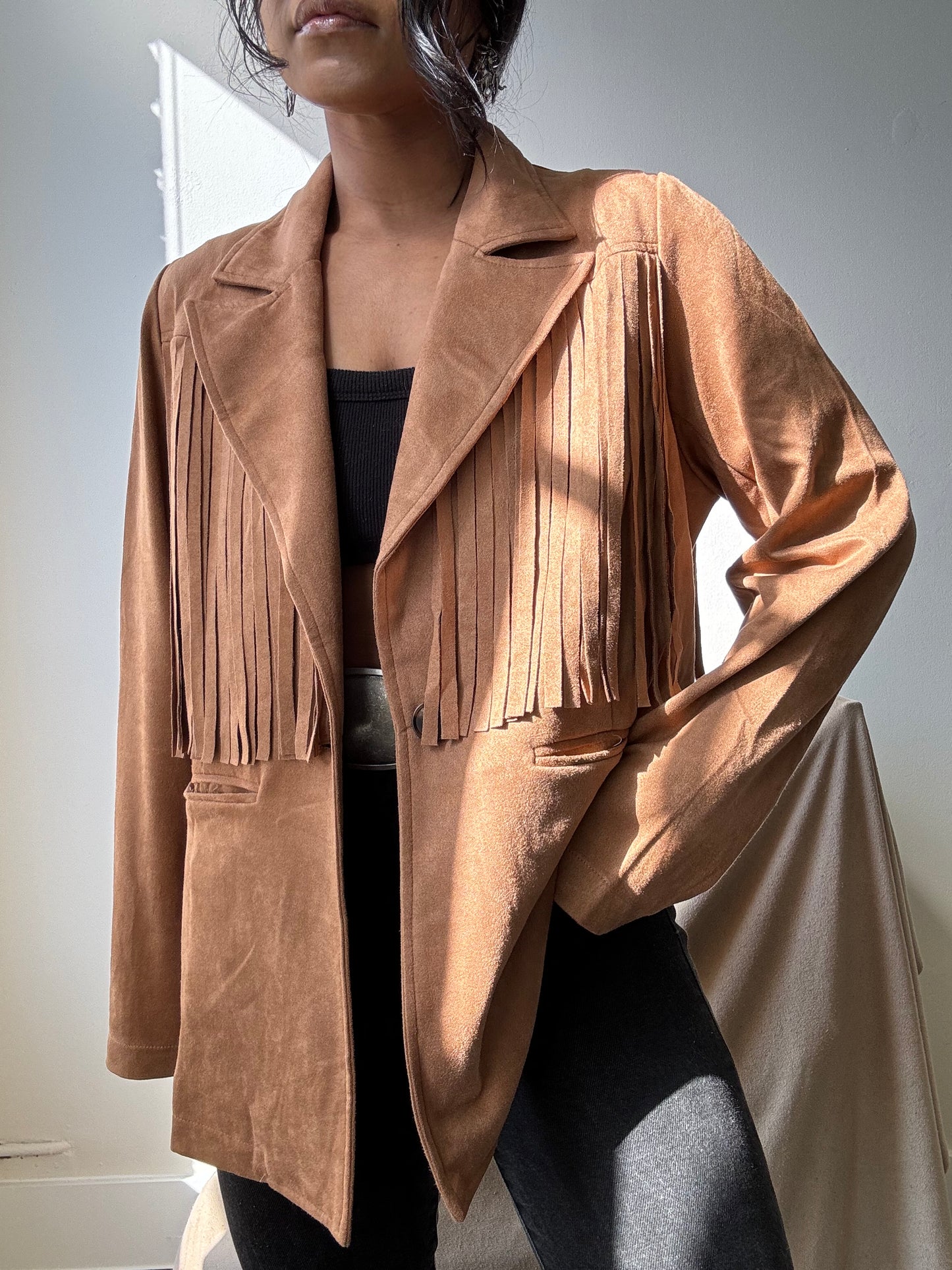 Booker Fringe Suede Modern Western Blazer In Camel