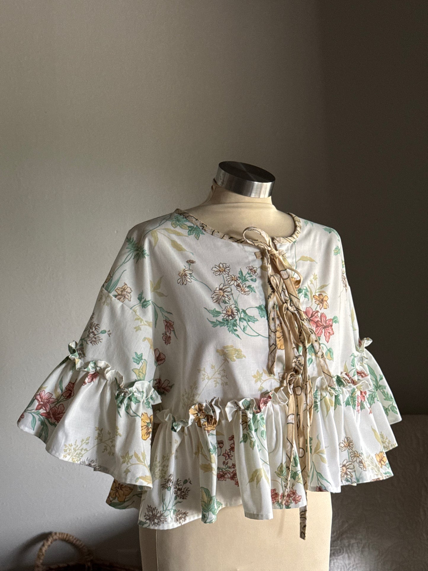 Joycie Vintage Cotton Handcrafted Floral Ruffle Tie Top