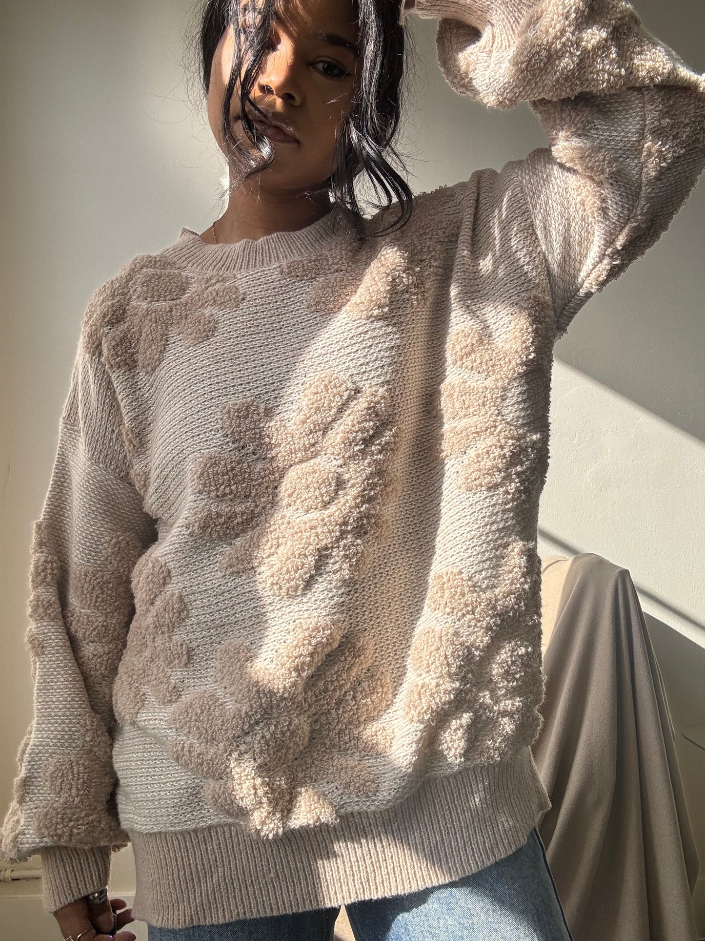 Mable Cotton Knit Floral Pullover Sweater In Natural