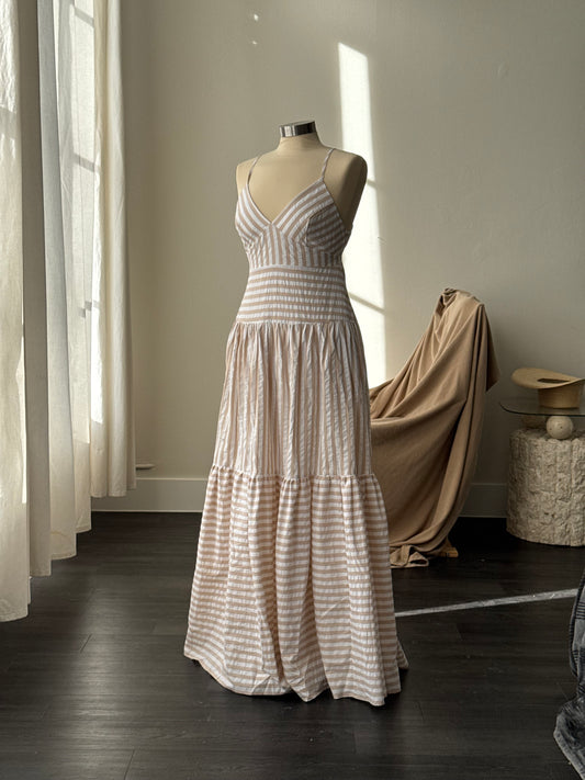 Willow Cotton Drop Waist Tiered Striped Maxi Dress In Natural