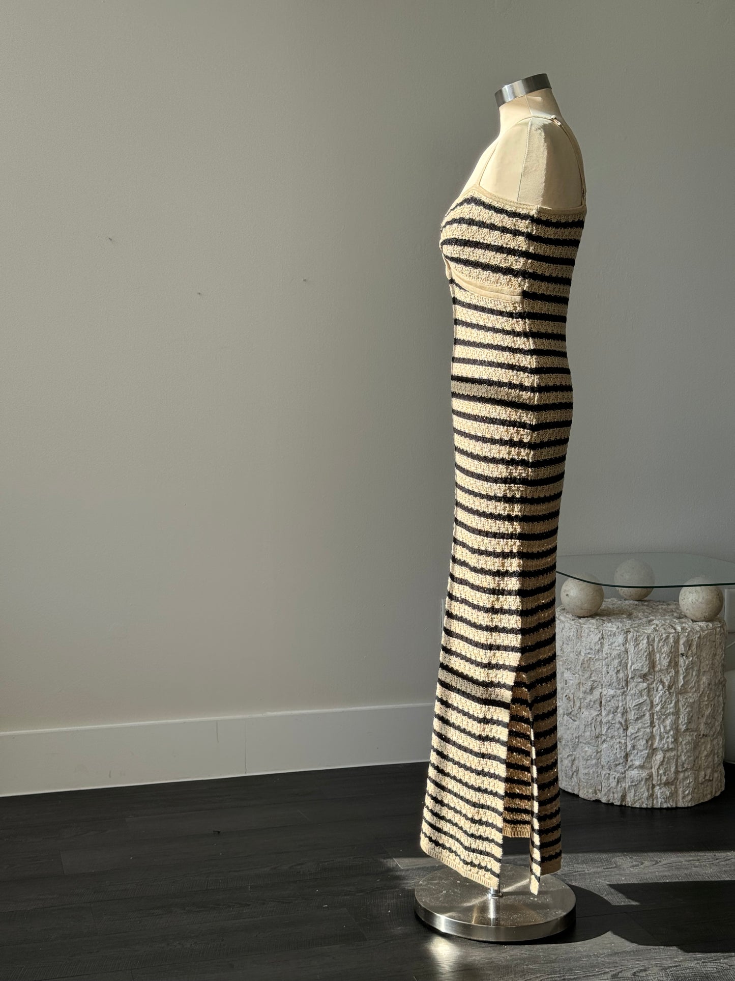 Hanna Cotton Crochet Striped Maxi Dress In Black & Taupe
