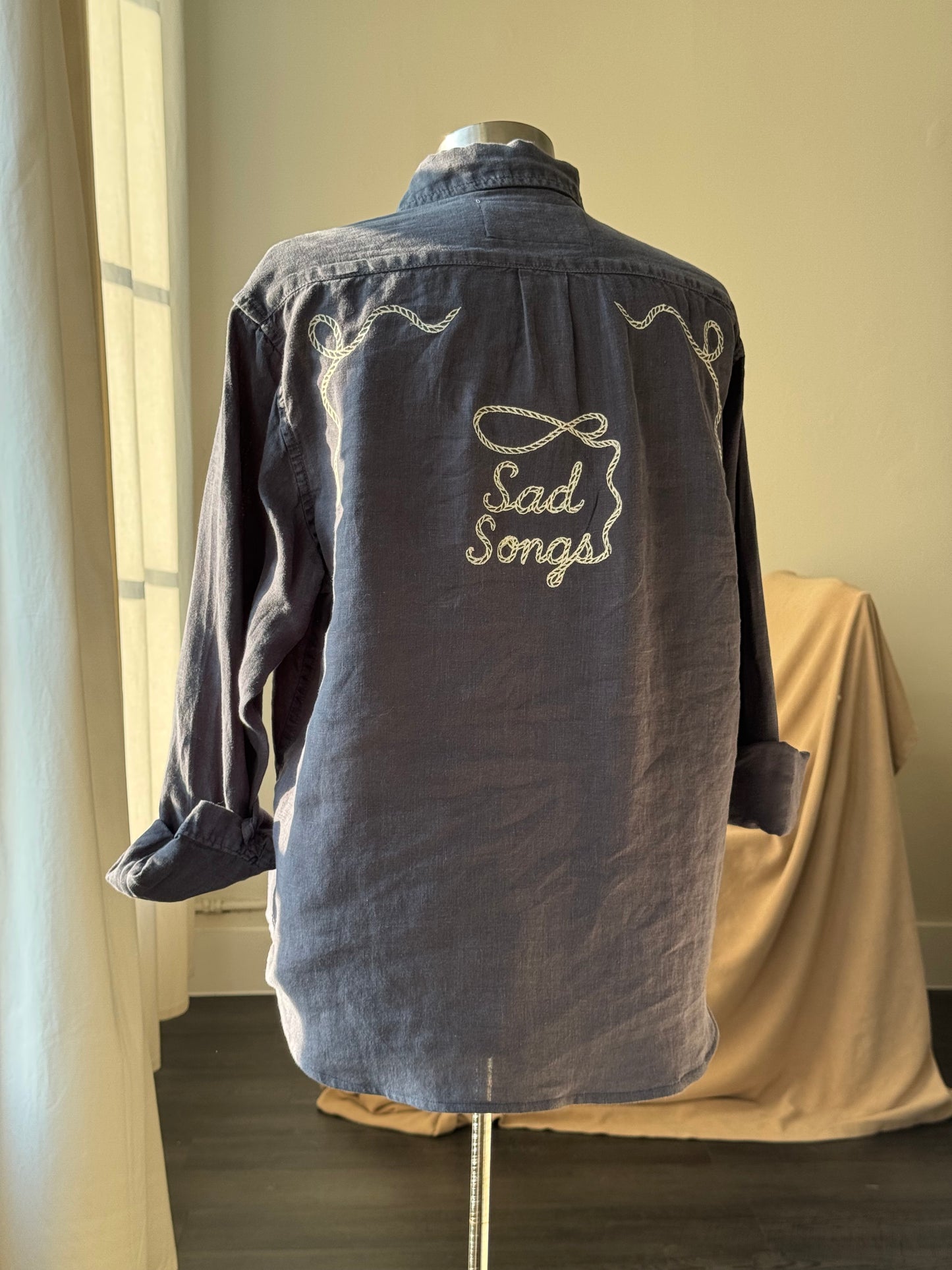 Lawrence Handcrafted Sad Songs Linen Button Down In Vintage Navy
