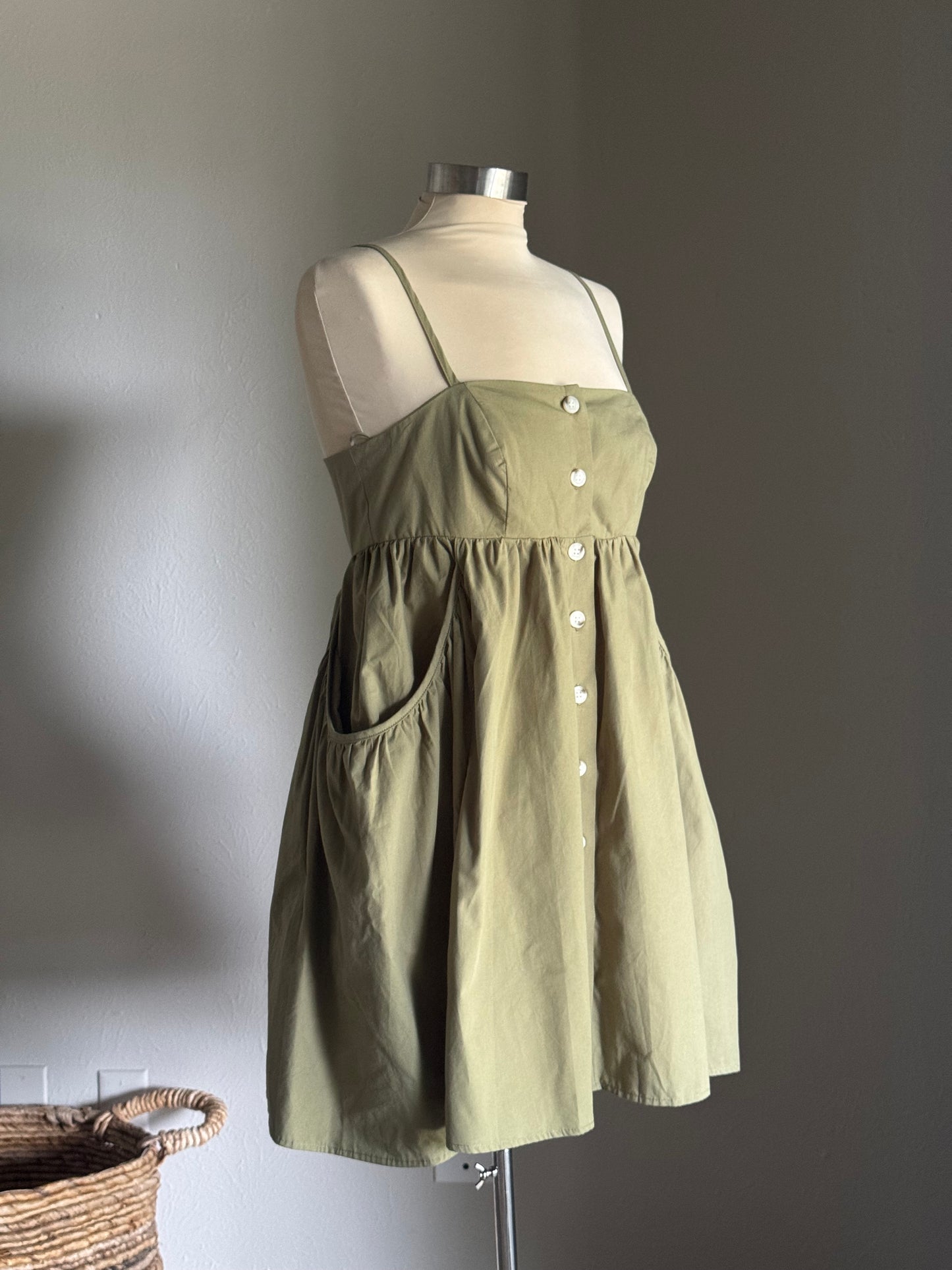 Karina Cotton Button Front Open Back Dress In Avocado