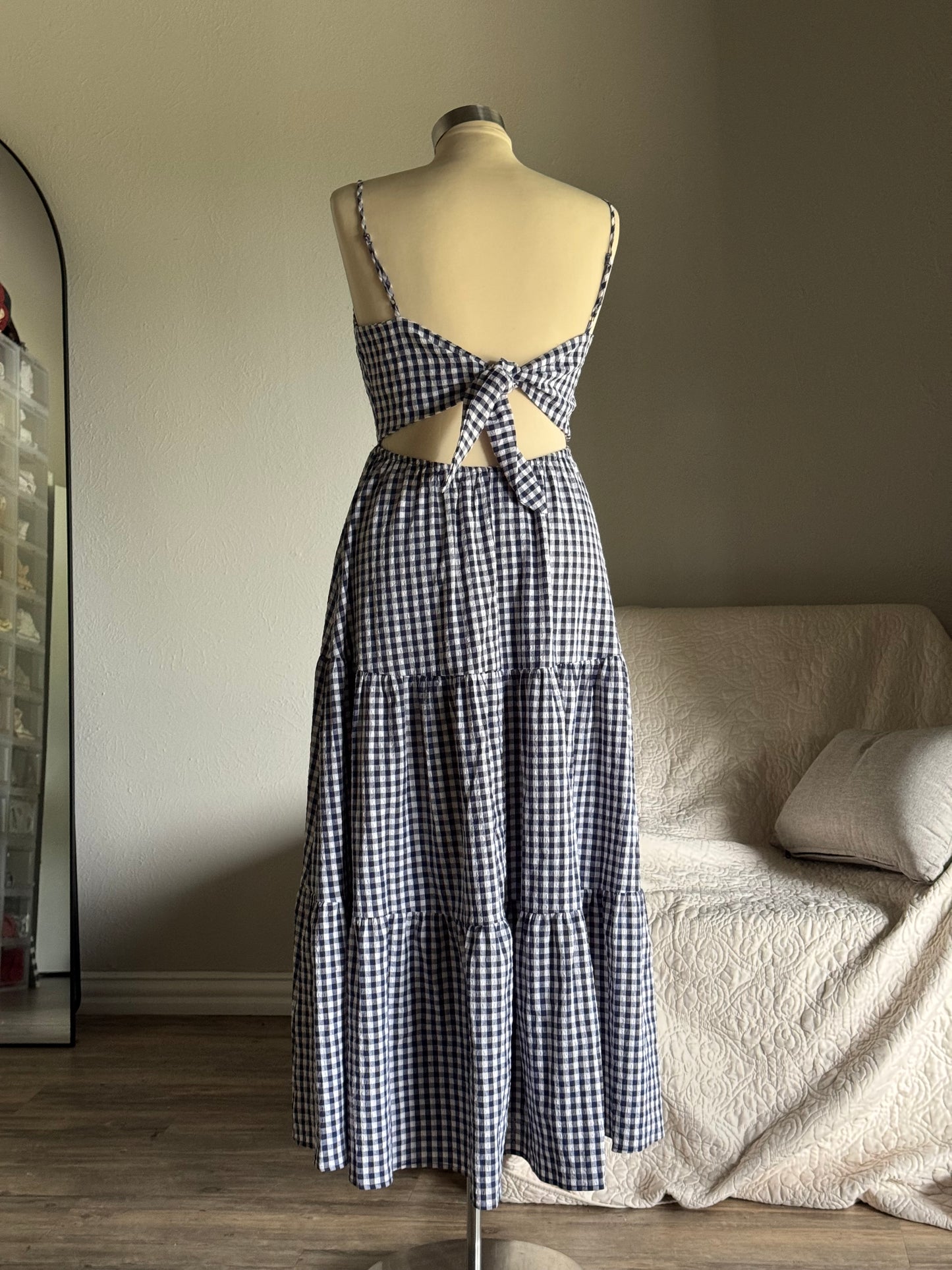 Mary Cotton Gingham Open Back Maxi Dress In Midnight Navy