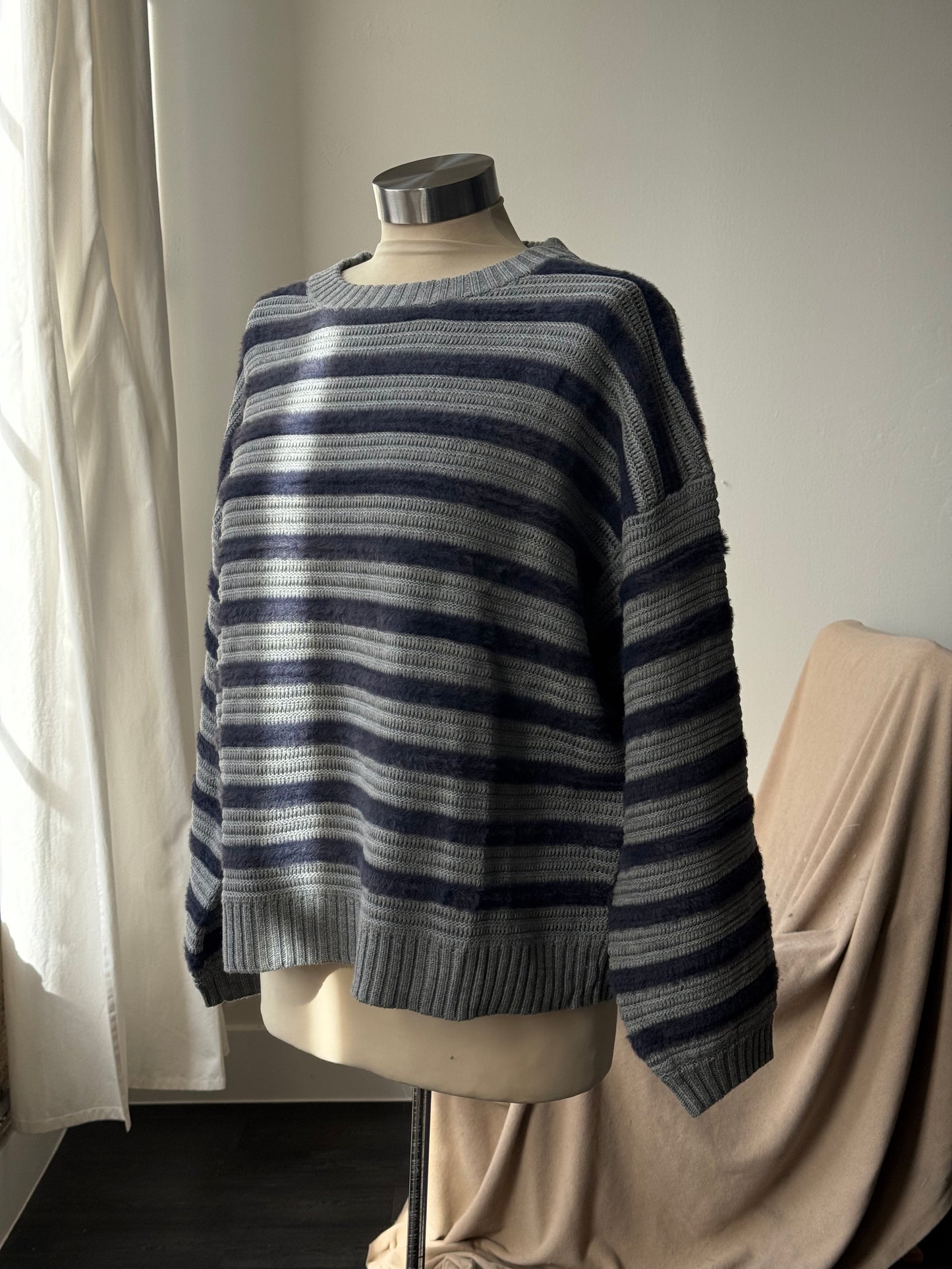 Henry Cotton Crew Neck Striped Pullover Sweater In Midnight Navy